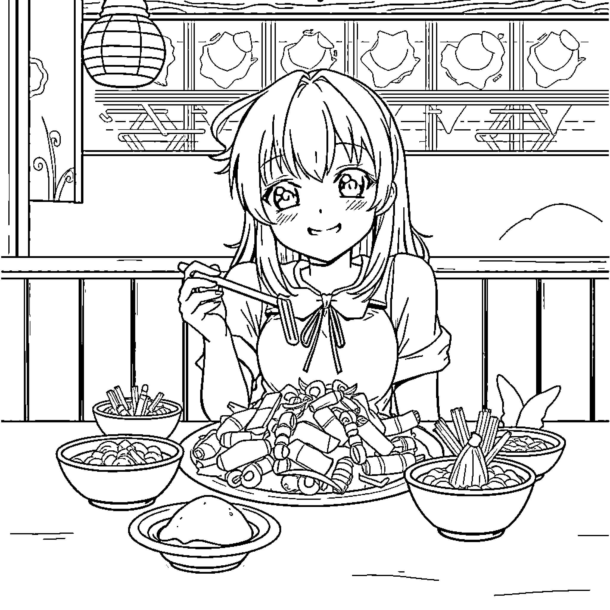 Anime Girl Enjoying a Delicious Meal Coloring Page (free black-and-white line drawing printable PDF for all, from beginners to advanced learners, including children, teens, adults, and seniors)