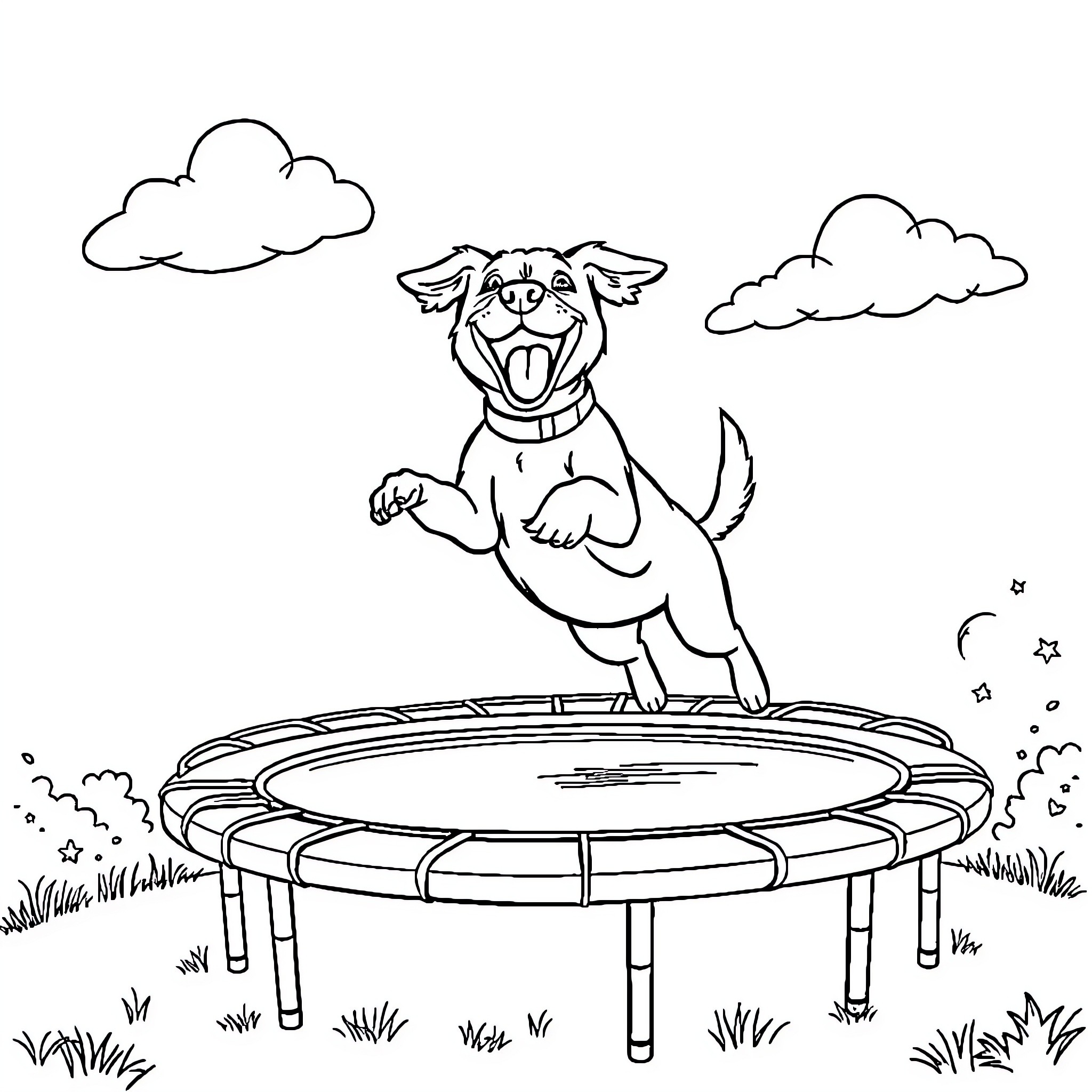 Dog jumping happily on a trampoline Coloring Page (free black-and-white line drawing printable PDF for all, from beginners to advanced learners, including children, teens, adults, and seniors)