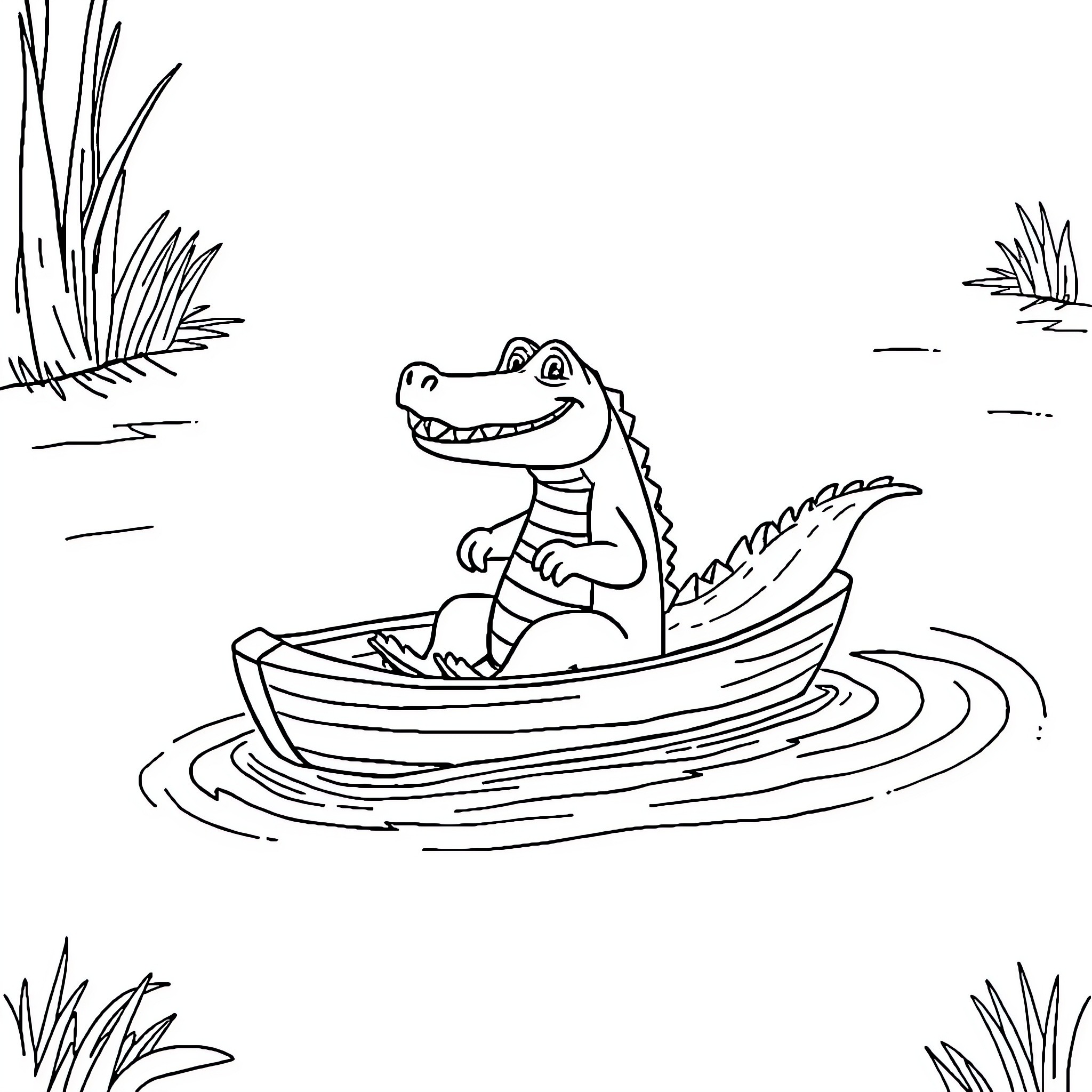 Gator rowing a boat in the wetlands Coloring Page (free black-and-white line drawing printable PDF for all, from beginners to advanced learners, including children, teens, adults, and seniors)