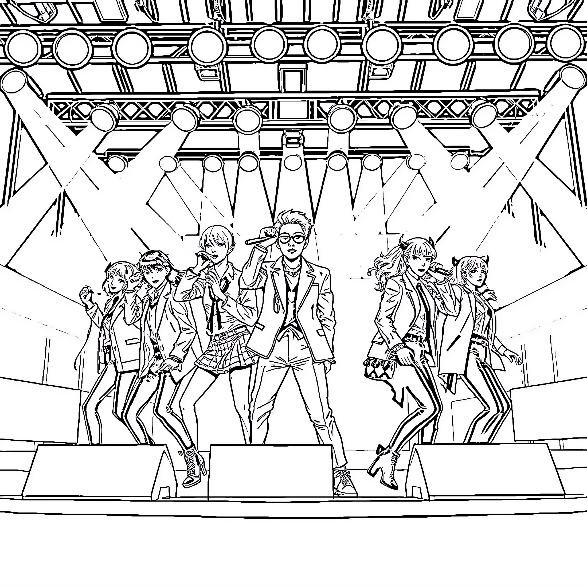 Kpop Demon Hunters on stage performing Coloring Page (free black-and-white line drawing printable PDF for all, from beginners to advanced learners, including children, teens, adults, and seniors)