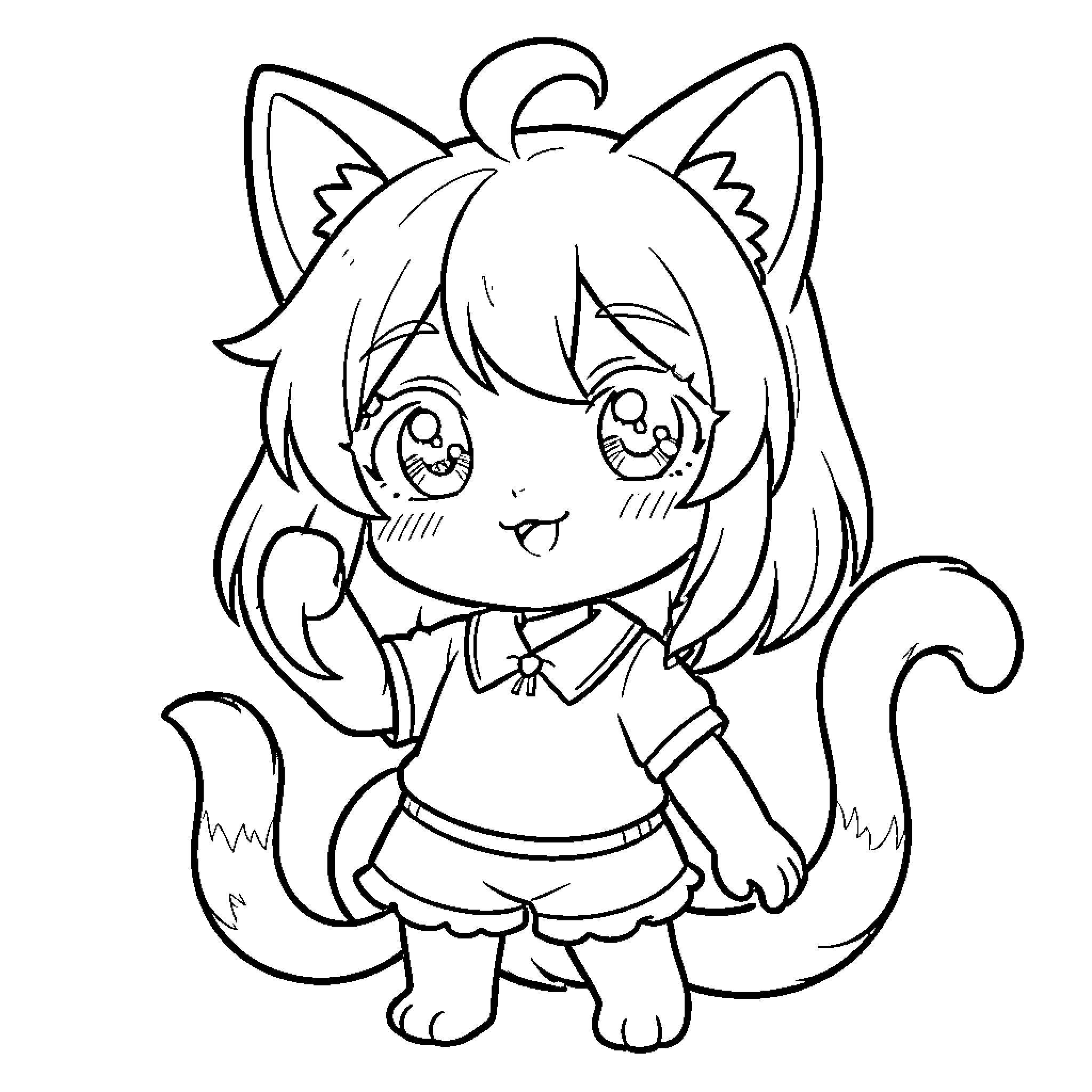 Cat Girl with Cute Expression Coloring Page (free black-and-white line drawing printable PDF for all, from beginners to advanced learners, including children, teens, adults, and seniors)