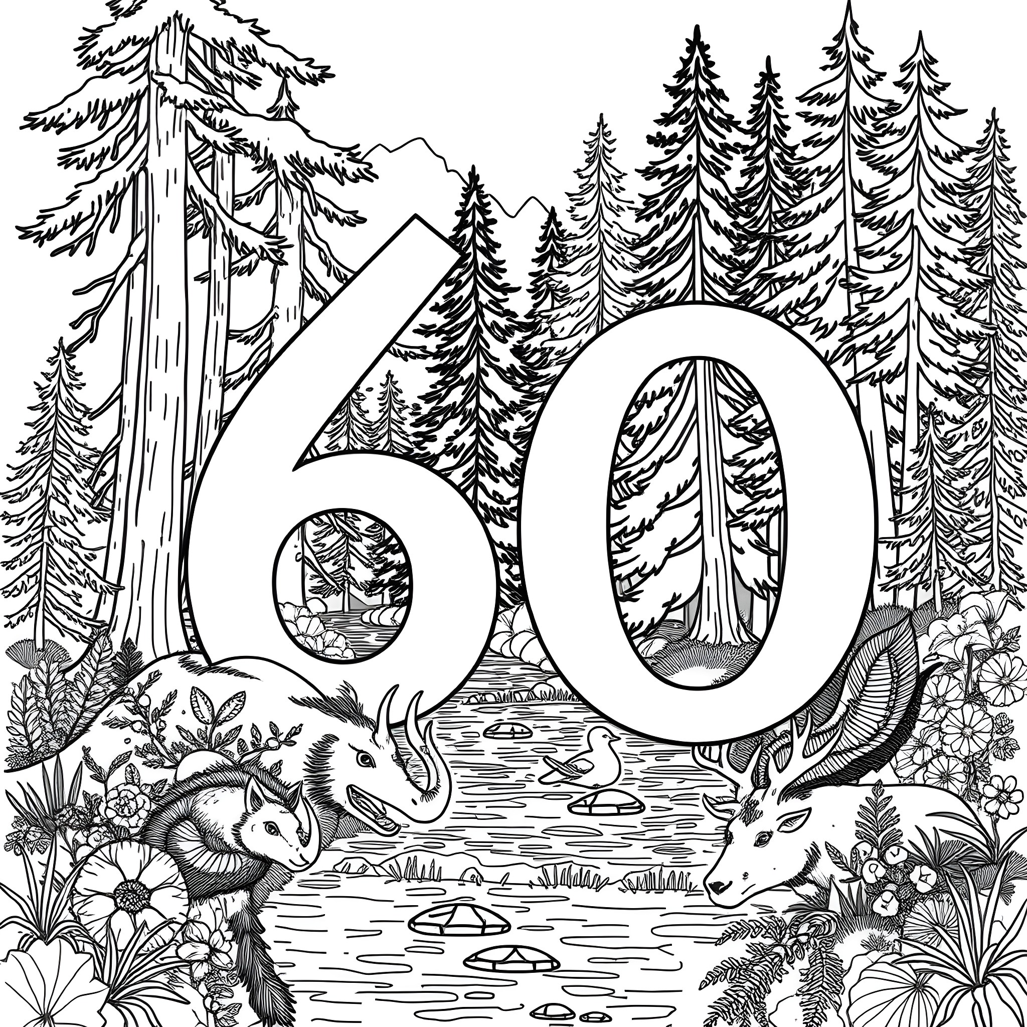 Number 60 Nature Scenery with Animals Coloring Page (free black-and-white line drawing printable PDF for all, from beginners to advanced learners, including children, teens, adults, and seniors)