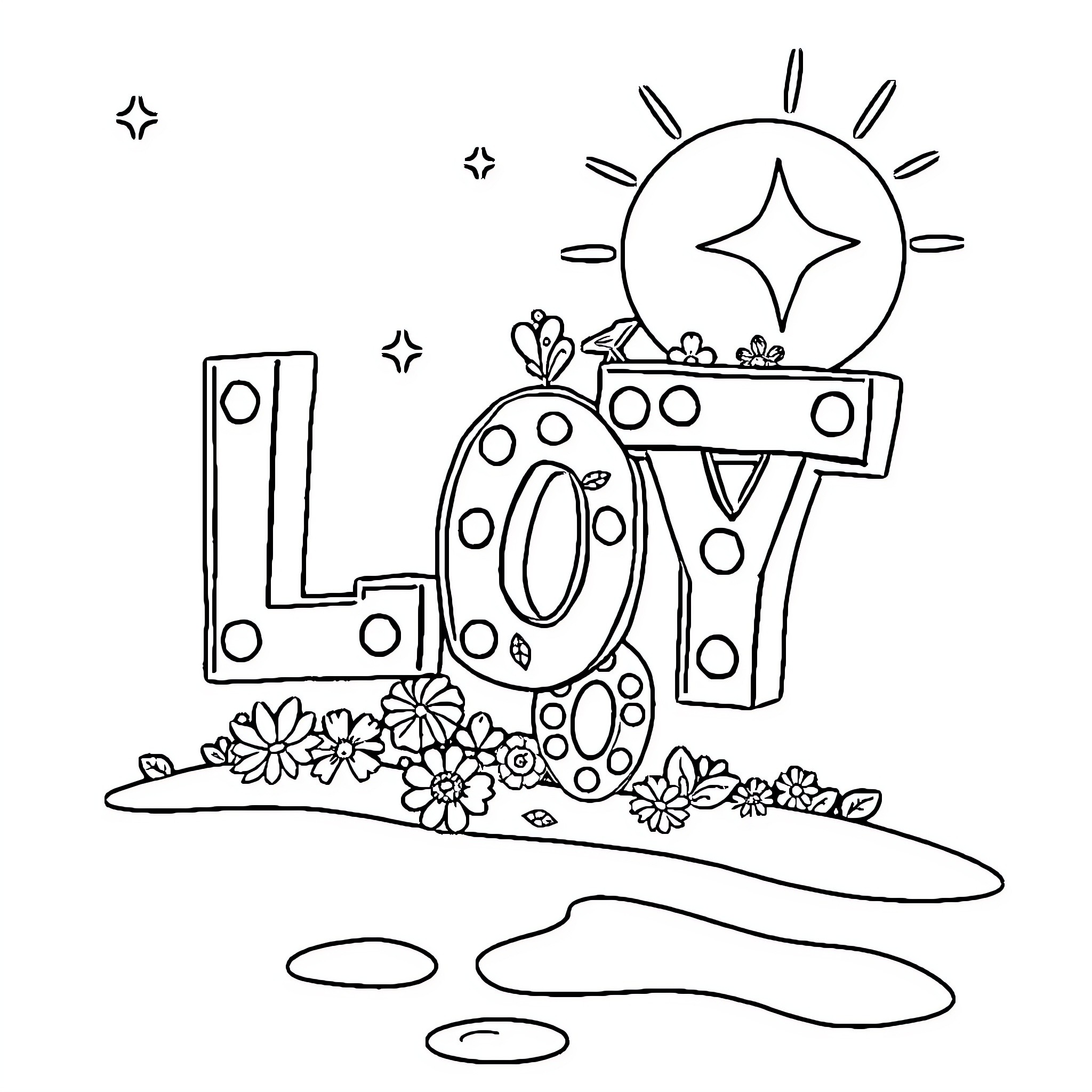 Hollywood Letters Adorned with Whimsical Floral Decor Coloring Page (free black-and-white line drawing printable PDF for all, from beginners to advanced learners, including children, teens, adults, and seniors)