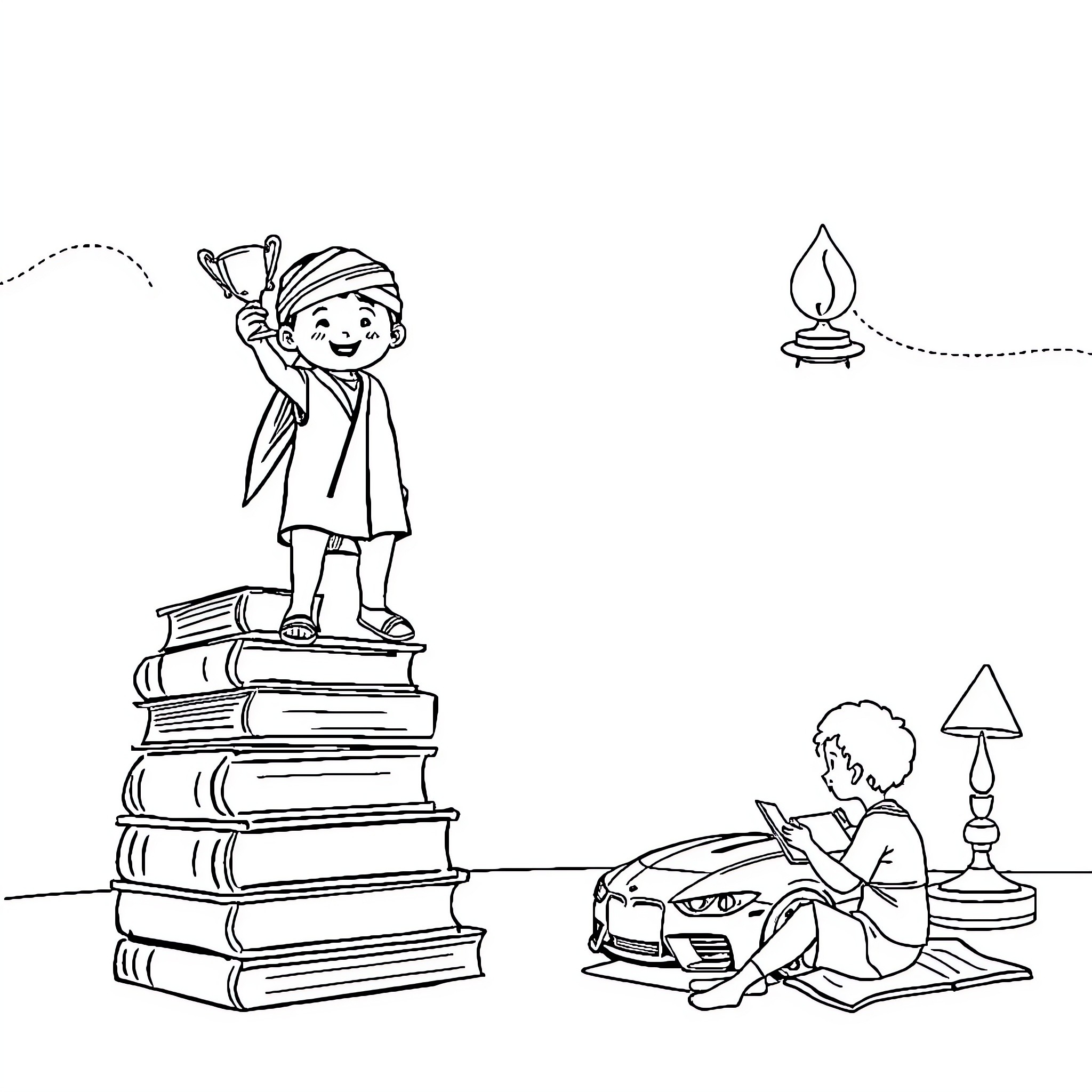 Child standing on pile of books, reading by lamp Coloring Page (free black-and-white line drawing printable PDF for all, from beginners to advanced learners, including children, teens, adults, and seniors)