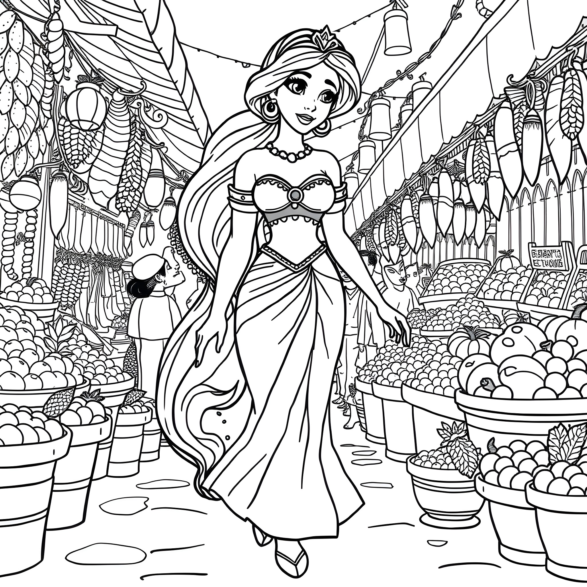 Princess Jasmine exploring the vibrant marketplace Coloring Page (free black-and-white line drawing printable PDF for all, from beginners to advanced learners, including children, teens, adults, and seniors)