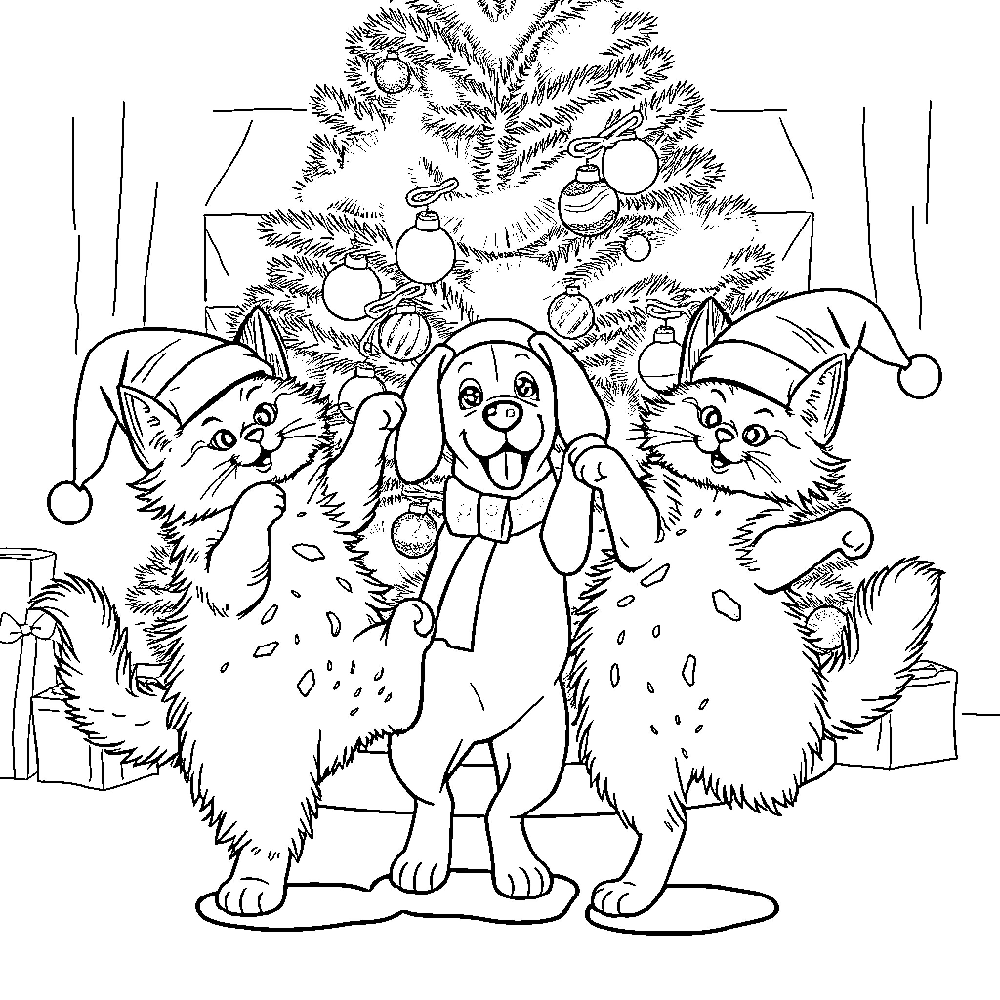Cats, Dog, and Christmas Tree Coloring Page (free black-and-white line drawing printable PDF for all, from beginners to advanced learners, including children, teens, adults, and seniors)