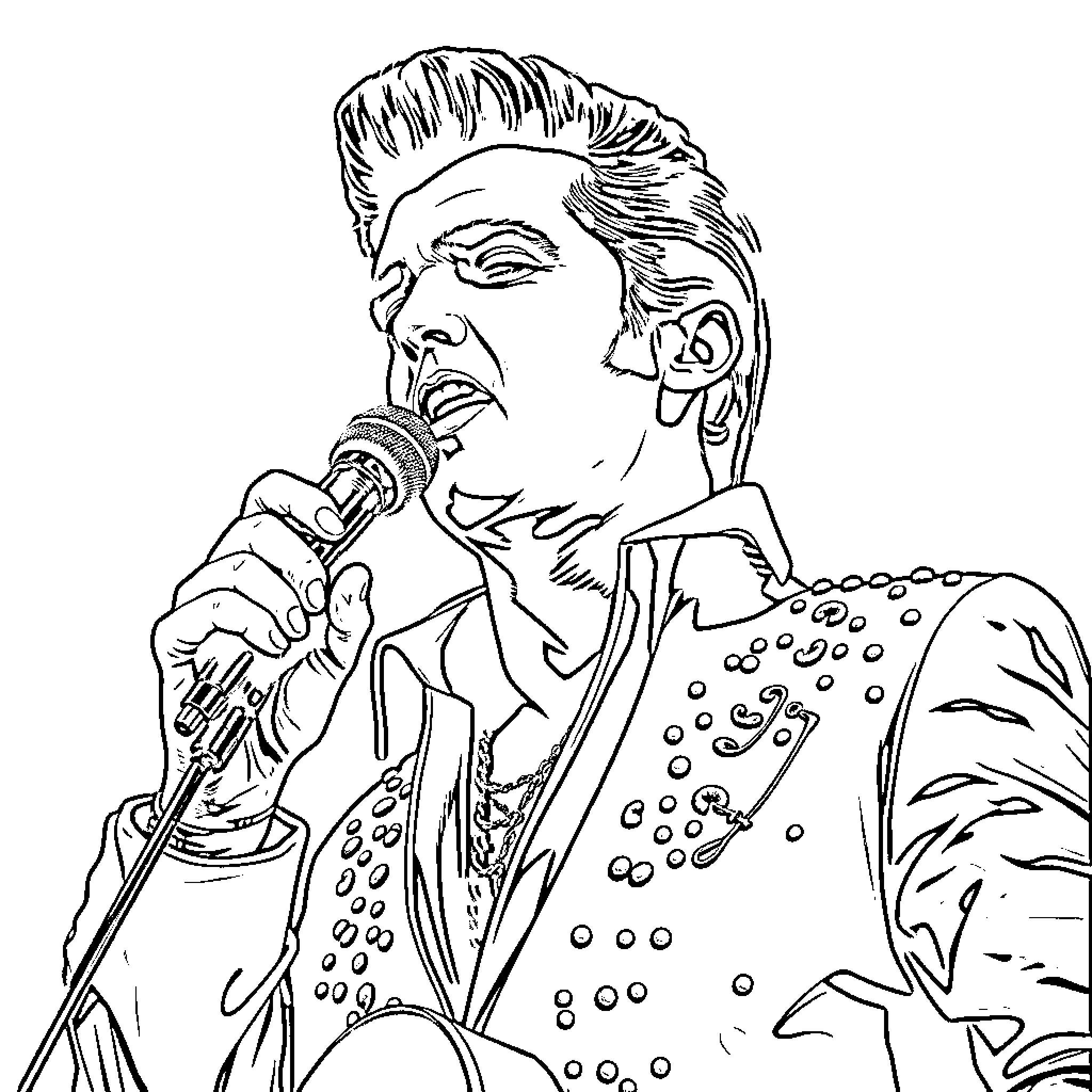 Elvis Presley performing on stage with passion Coloring Page (free black-and-white line drawing printable PDF for all, from beginners to advanced learners, including children, teens, adults, and seniors)