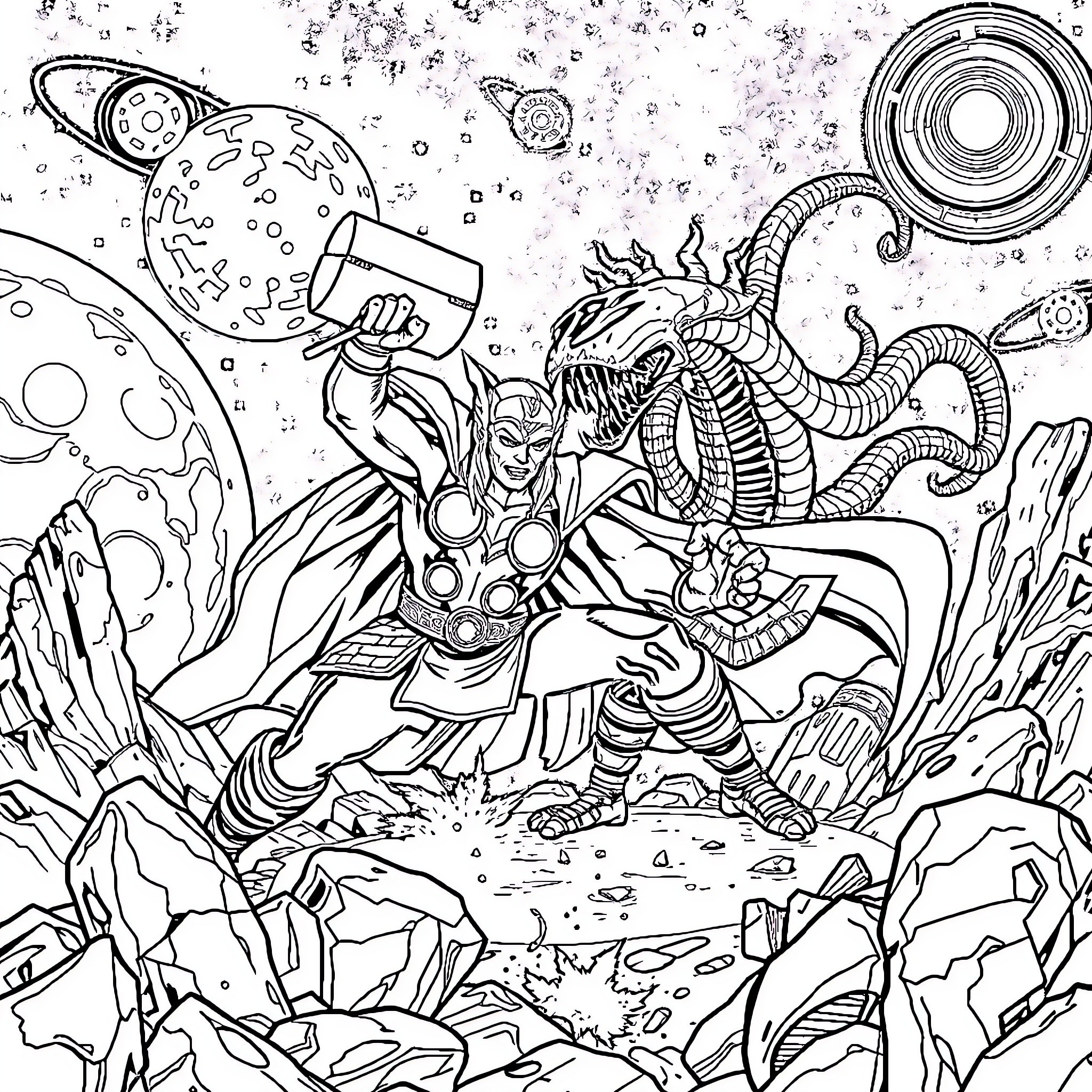 Thor Fighting Cosmic Creatures in the Celestial Realm Coloring Page (free black-and-white line drawing printable PDF for all, from beginners to advanced learners, including children, teens, adults, and seniors)
