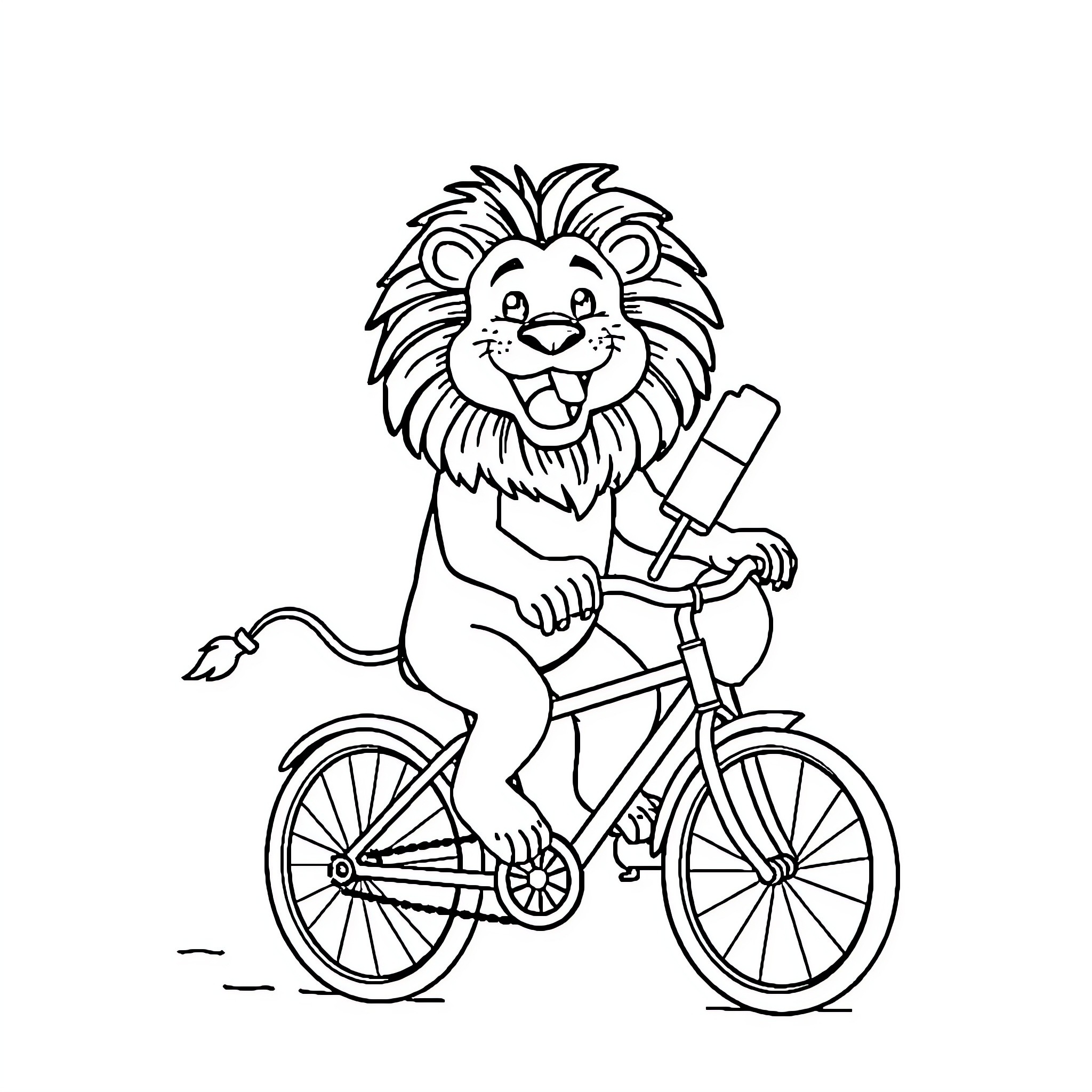 Lion riding a bicycle cheerfully Coloring Page (free black-and-white line drawing printable PDF for all, from beginners to advanced learners, including children, teens, adults, and seniors)