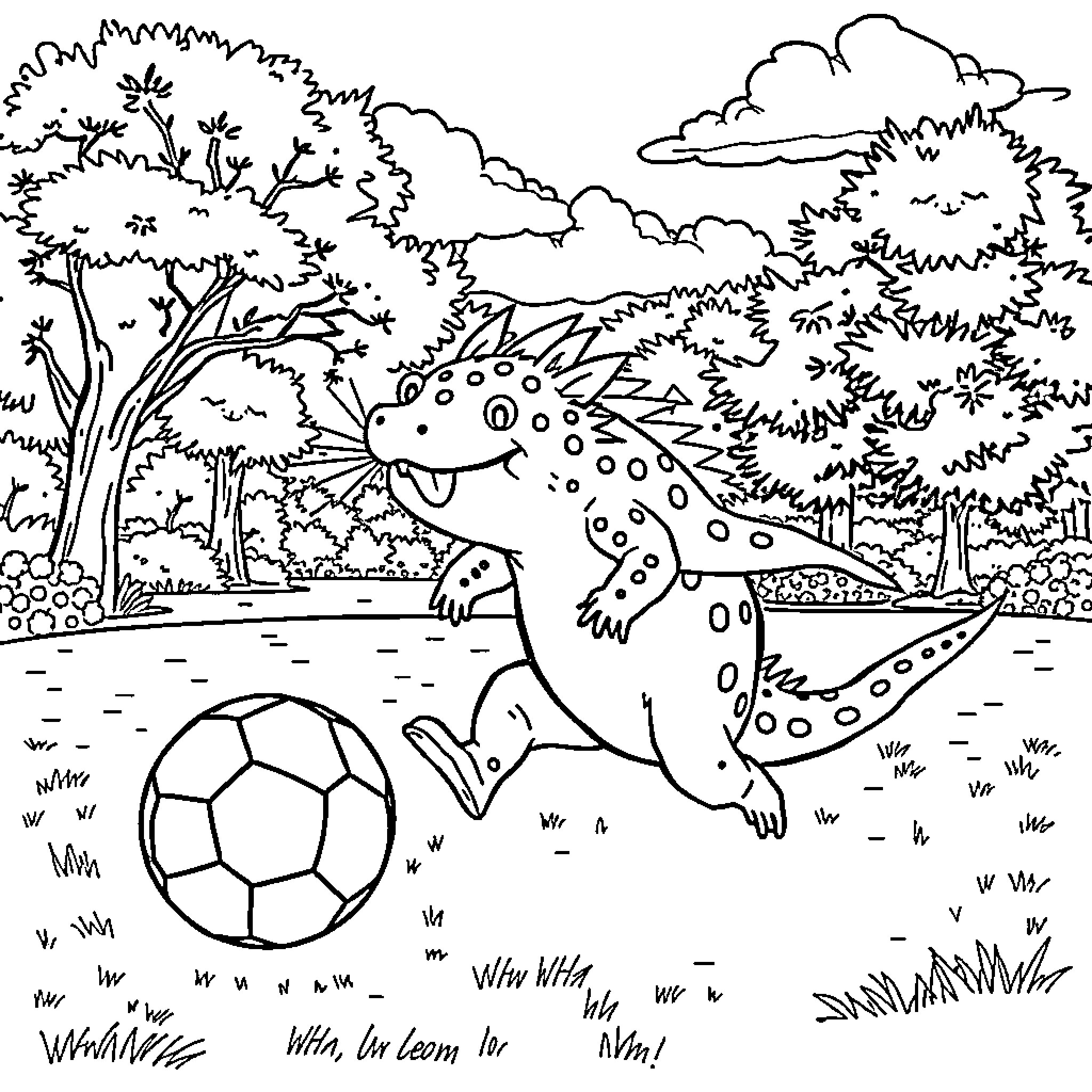 Axolotl Playing with Soccer Ball in Nature Coloring Page (free black-and-white line drawing printable PDF for all, from beginners to advanced learners, including children, teens, adults, and seniors)