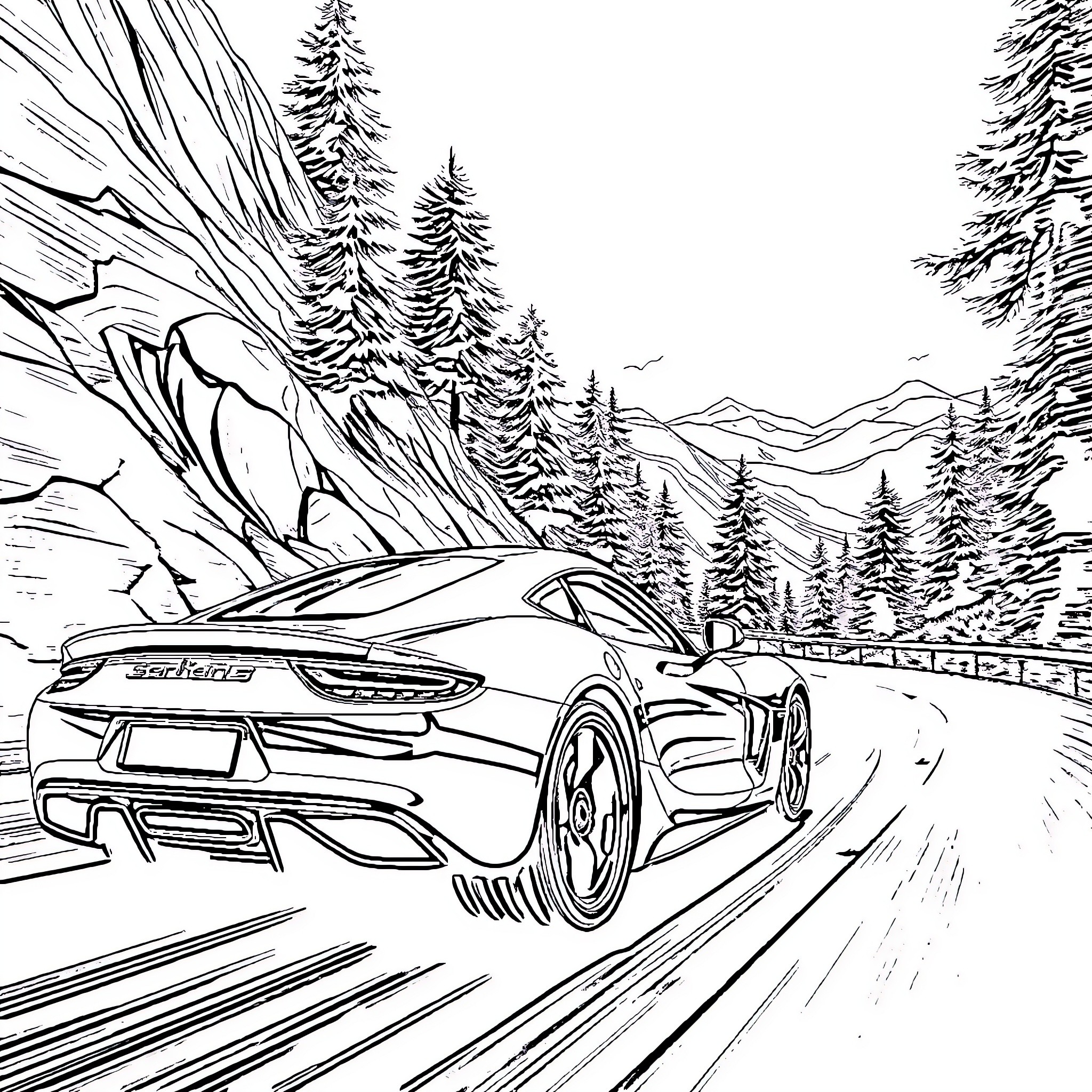 Car speeding through the snowy mountain landscape Coloring Page (free black-and-white line drawing printable PDF for all, from beginners to advanced learners, including children, teens, adults, and seniors)