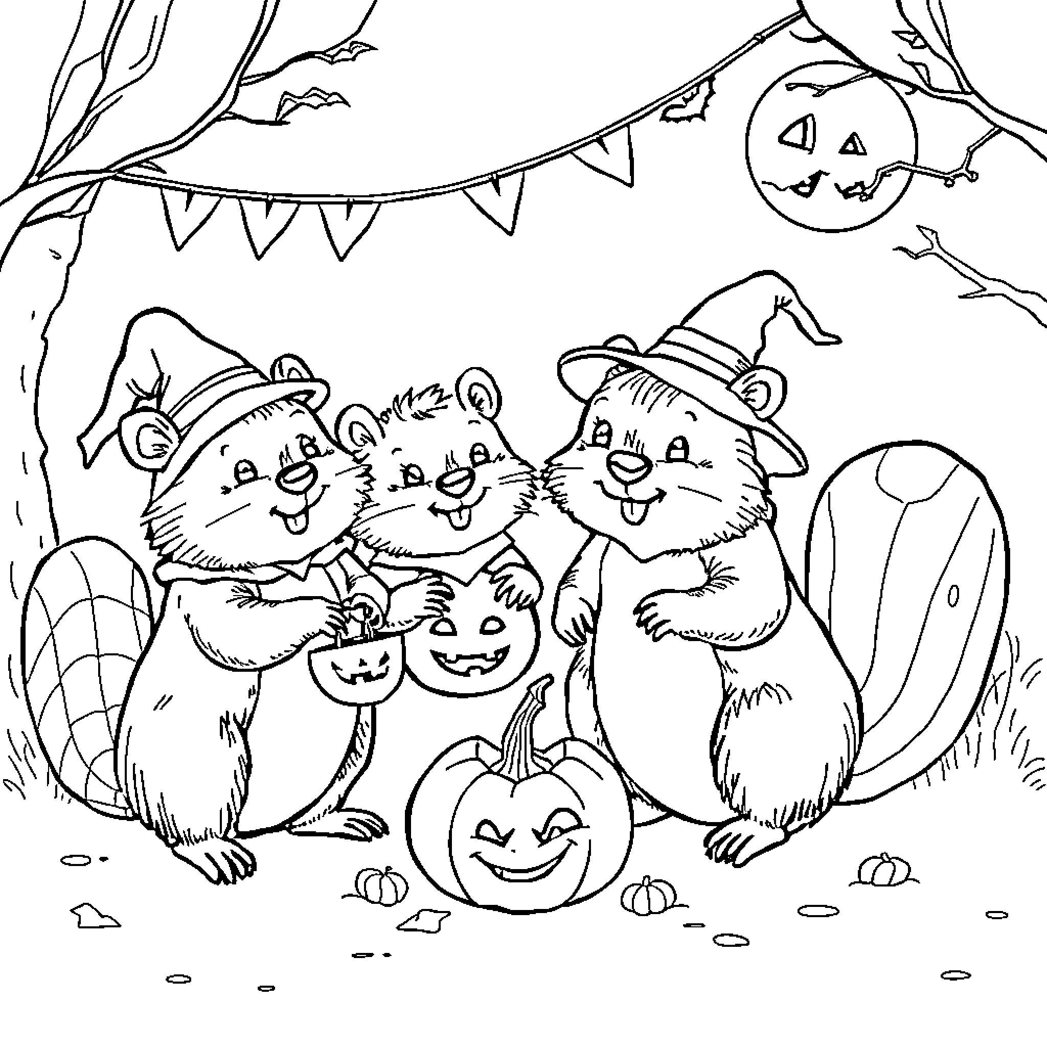 Beaver friends celebrating Halloween in the forest Coloring Page (free black-and-white line drawing printable PDF for all, from beginners to advanced learners, including children, teens, adults, and seniors)