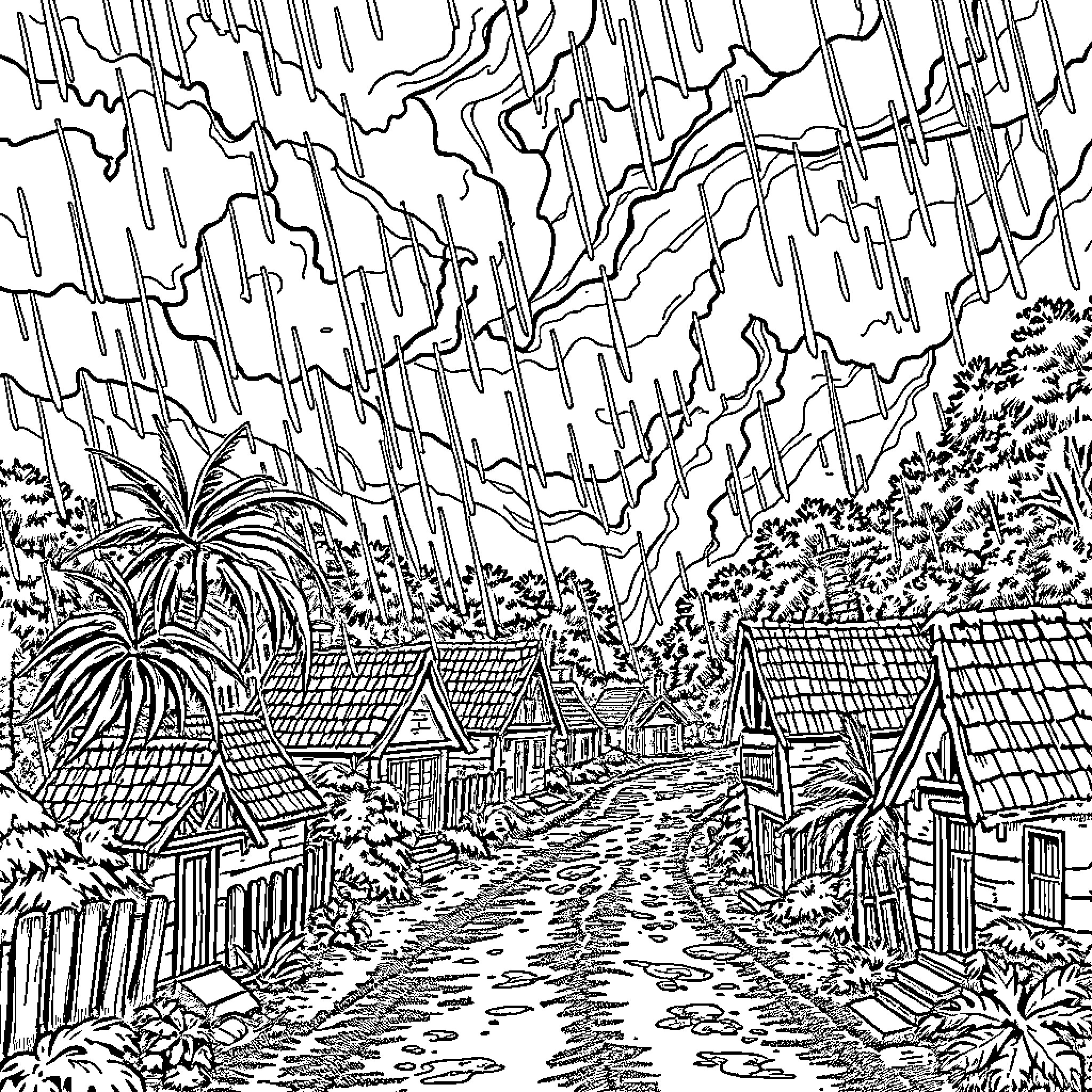 Storm brewing over rural village scene Coloring Page (free black-and-white line drawing printable PDF for all, from beginners to advanced learners, including children, teens, adults, and seniors)