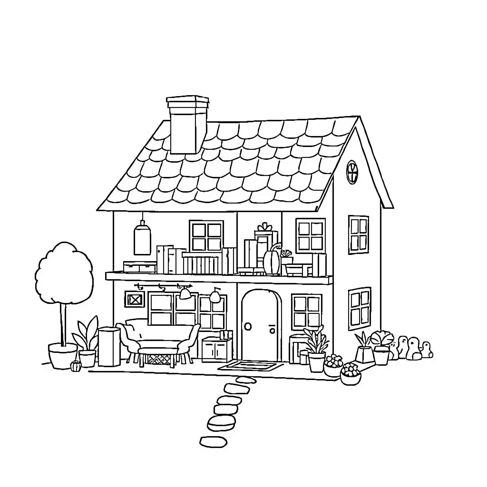 Dollhouse with Cozy Interior Furnishings Coloring Page (free black-and-white line drawing printable PDF for all, from beginners to advanced learners, including children, teens, adults, and seniors)