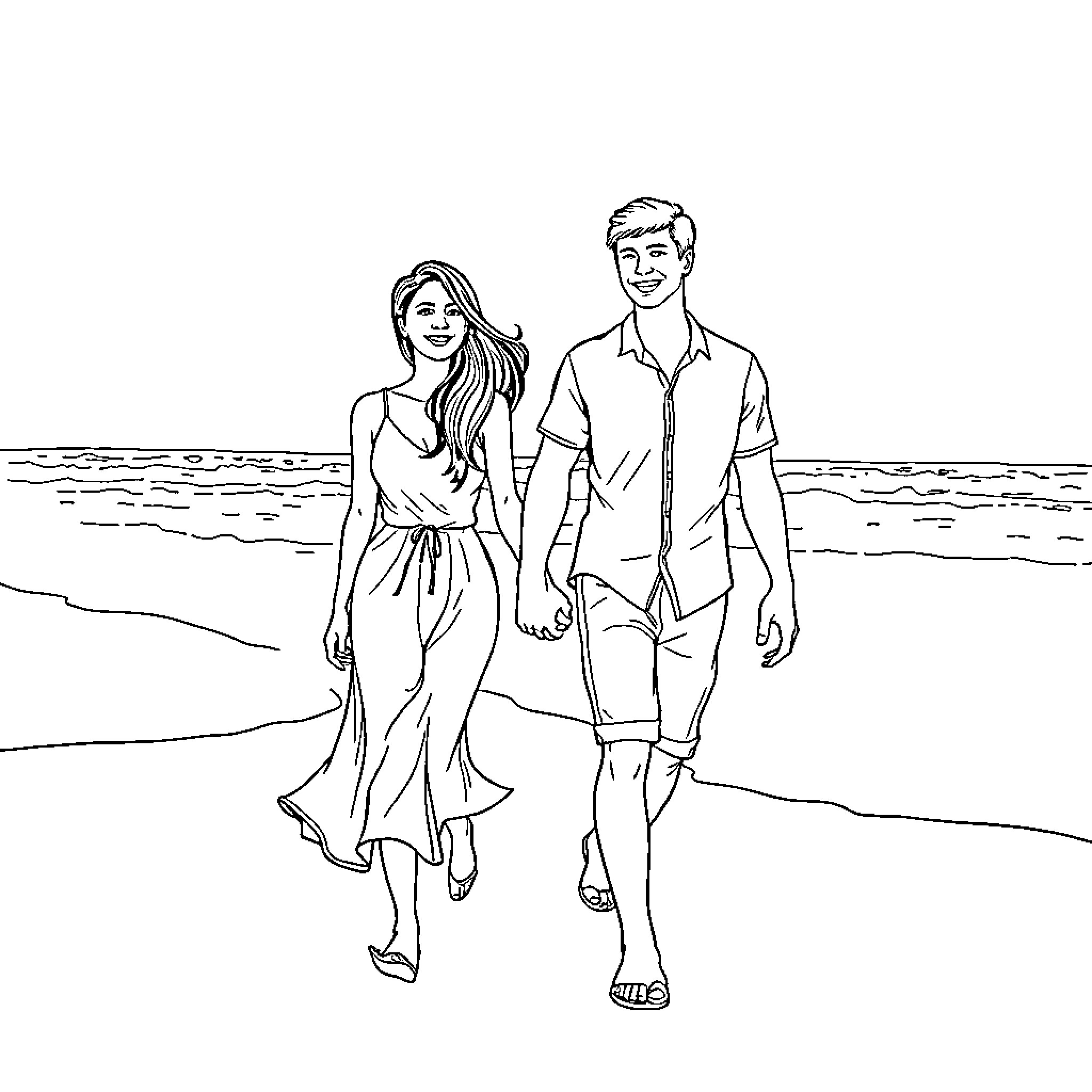 Couple strolling together on the beach Coloring Page (free black-and-white line drawing printable PDF for all, from beginners to advanced learners, including children, teens, adults, and seniors)