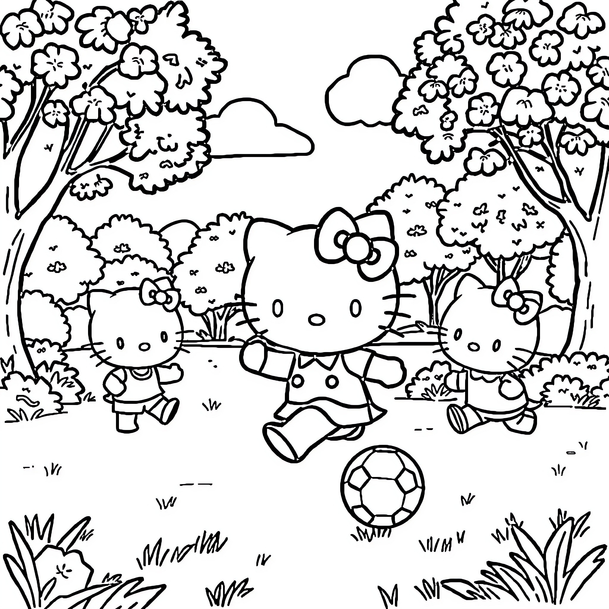 Hello Kitty Playful Day in the Garden Coloring Page (free black-and-white line drawing printable PDF for all, from beginners to advanced learners, including children, teens, adults, and seniors)