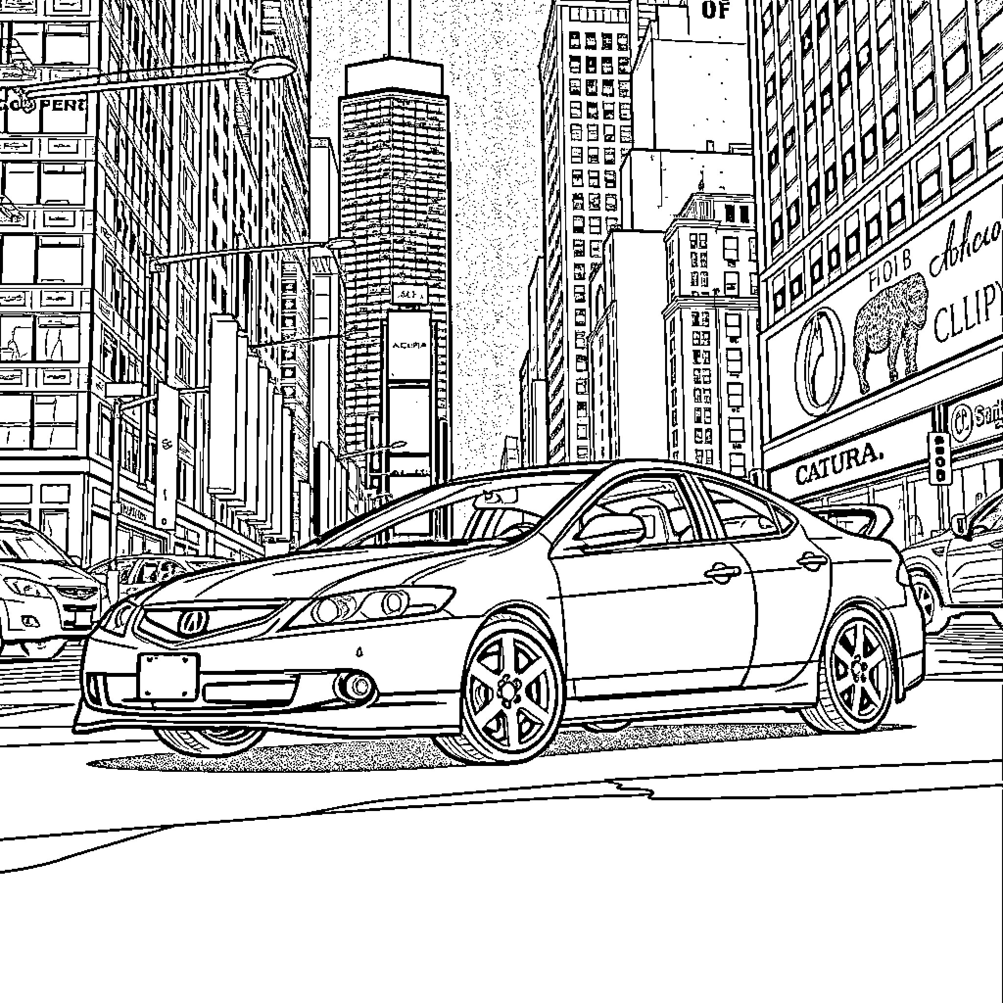 Acura luxury car in busy urban city scene Coloring Page (free black-and-white line drawing printable PDF for all, from beginners to advanced learners, including children, teens, adults, and seniors)