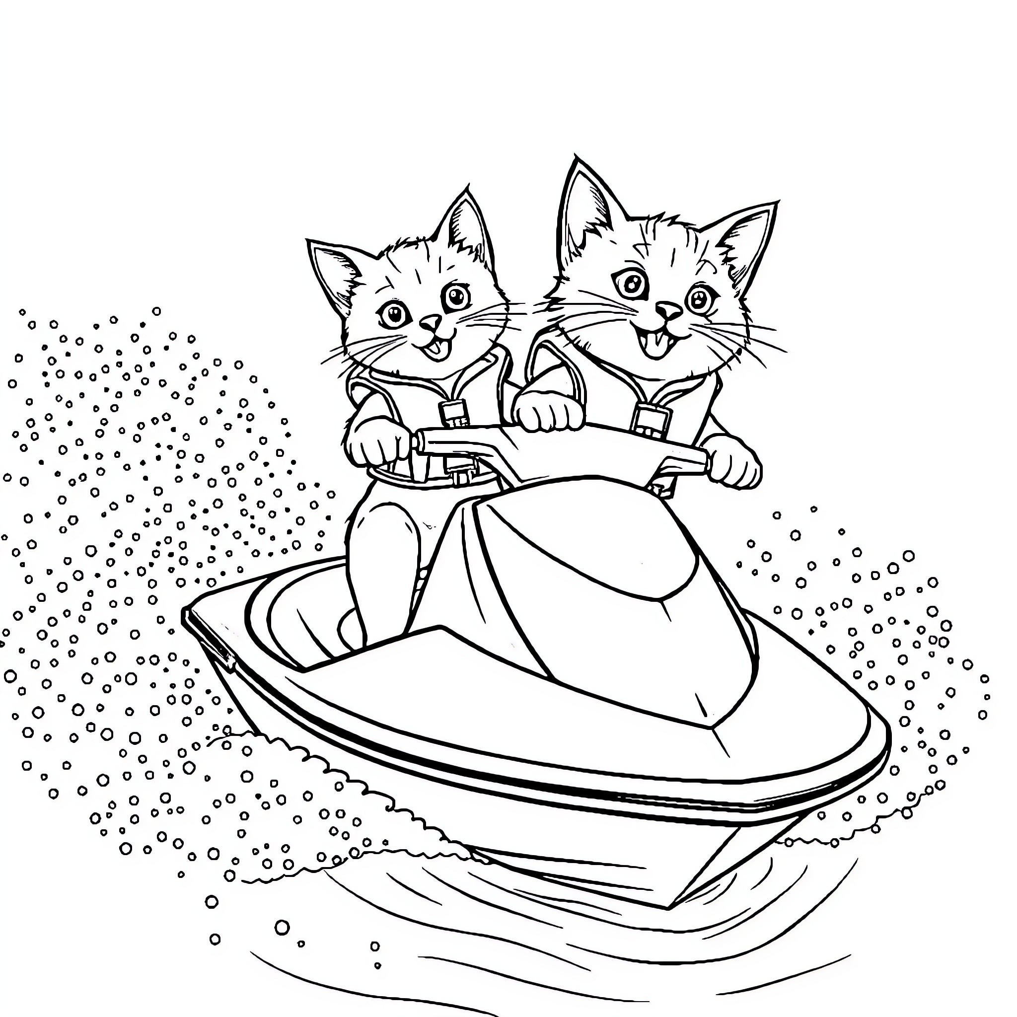Cats riding on a watercraft Coloring Page (free black-and-white line drawing printable PDF for all, from beginners to advanced learners, including children, teens, adults, and seniors)