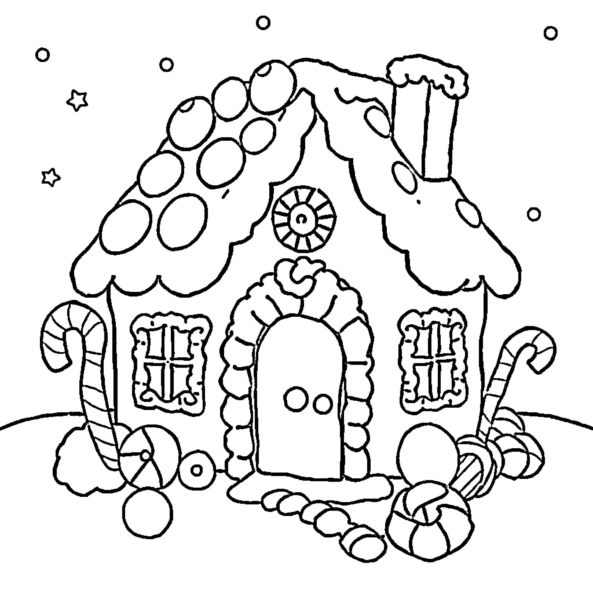 Gingerbread House with Whimsical Decorations Coloring Page (free black-and-white line drawing printable PDF for all, from beginners to advanced learners, including children, teens, adults, and seniors)