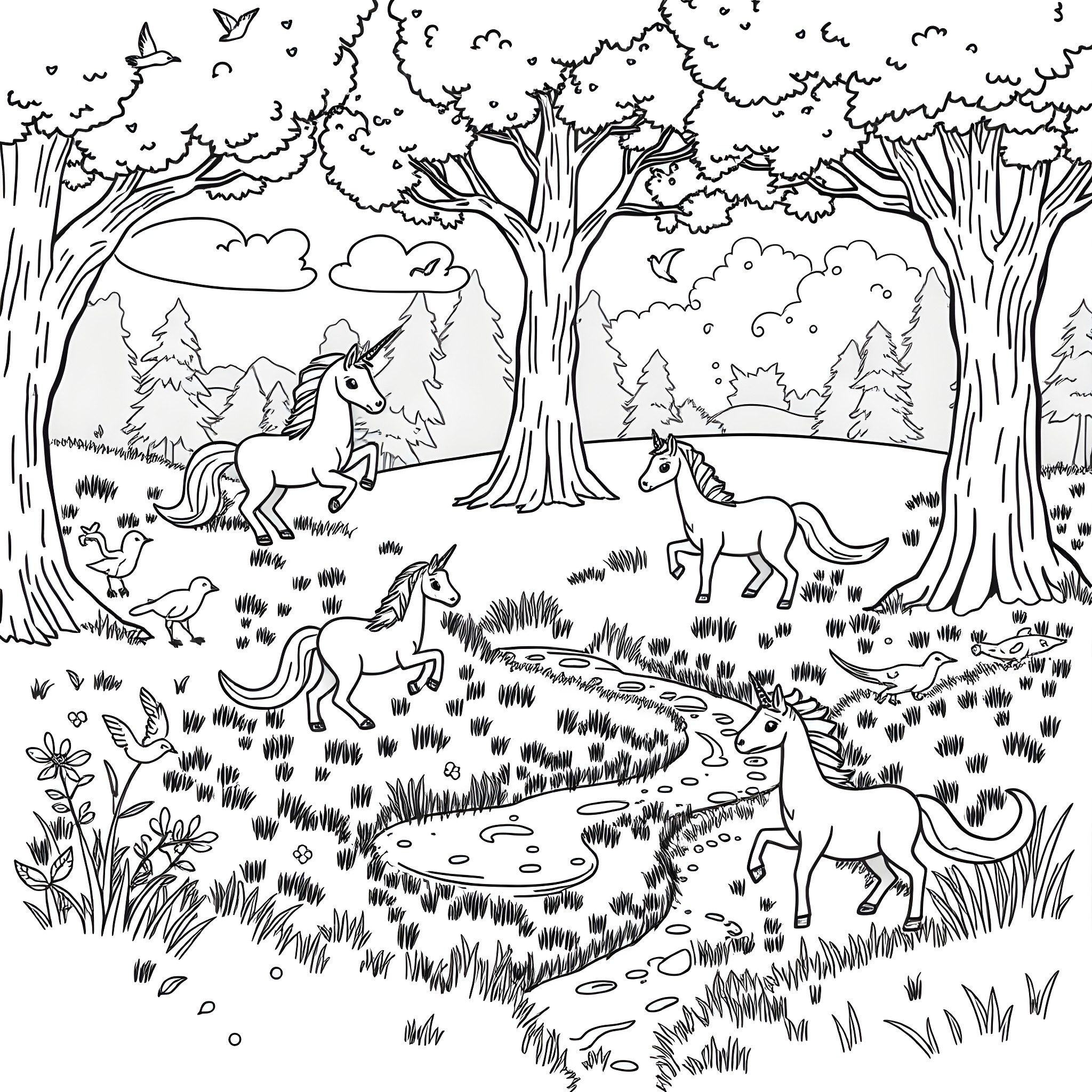 Unicorn Frolicking in Enchanted Forest with Friends Coloring Page (free black-and-white line drawing printable PDF for all, from beginners to advanced learners, including children, teens, adults, and seniors)