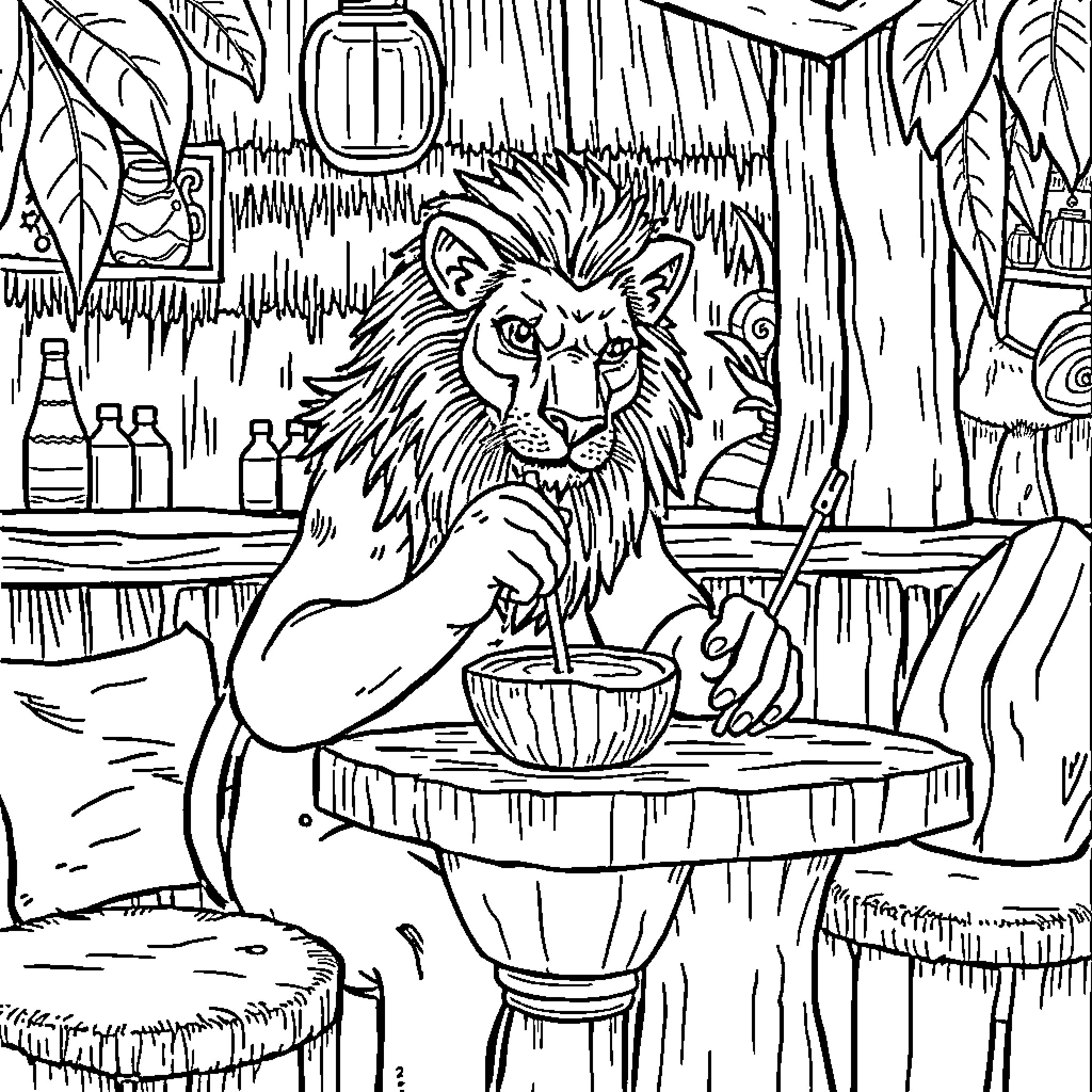 Human Lion Mixing Drinks at a Bar Coloring Page (free black-and-white line drawing printable PDF for all, from beginners to advanced learners, including children, teens, adults, and seniors)