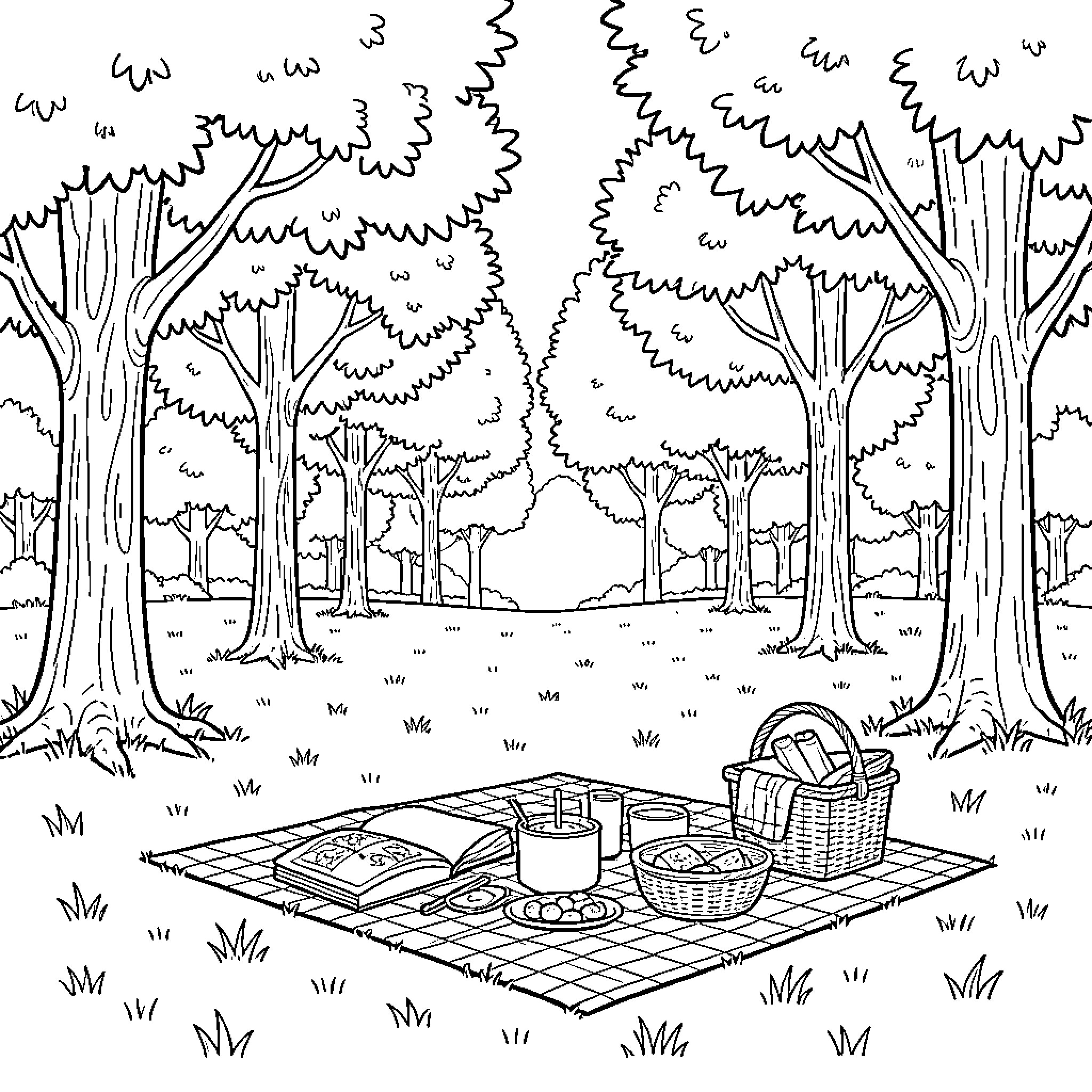 Best Peaceful Picnic Scene in the Forest Coloring Page (free black-and-white line drawing printable PDF for all, from beginners to advanced learners, including children, teens, adults, and seniors)