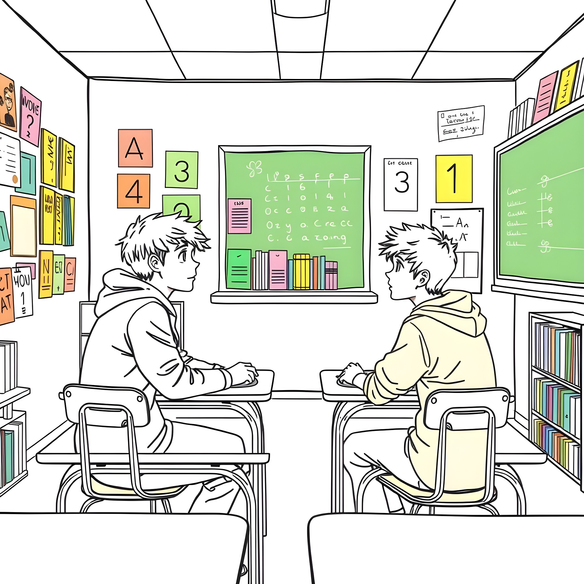 Teen Boys Learning in Classroom with Chalkboard Coloring Page (free black-and-white line drawing printable PDF for all, from beginners to advanced learners, including children, teens, adults, and seniors)