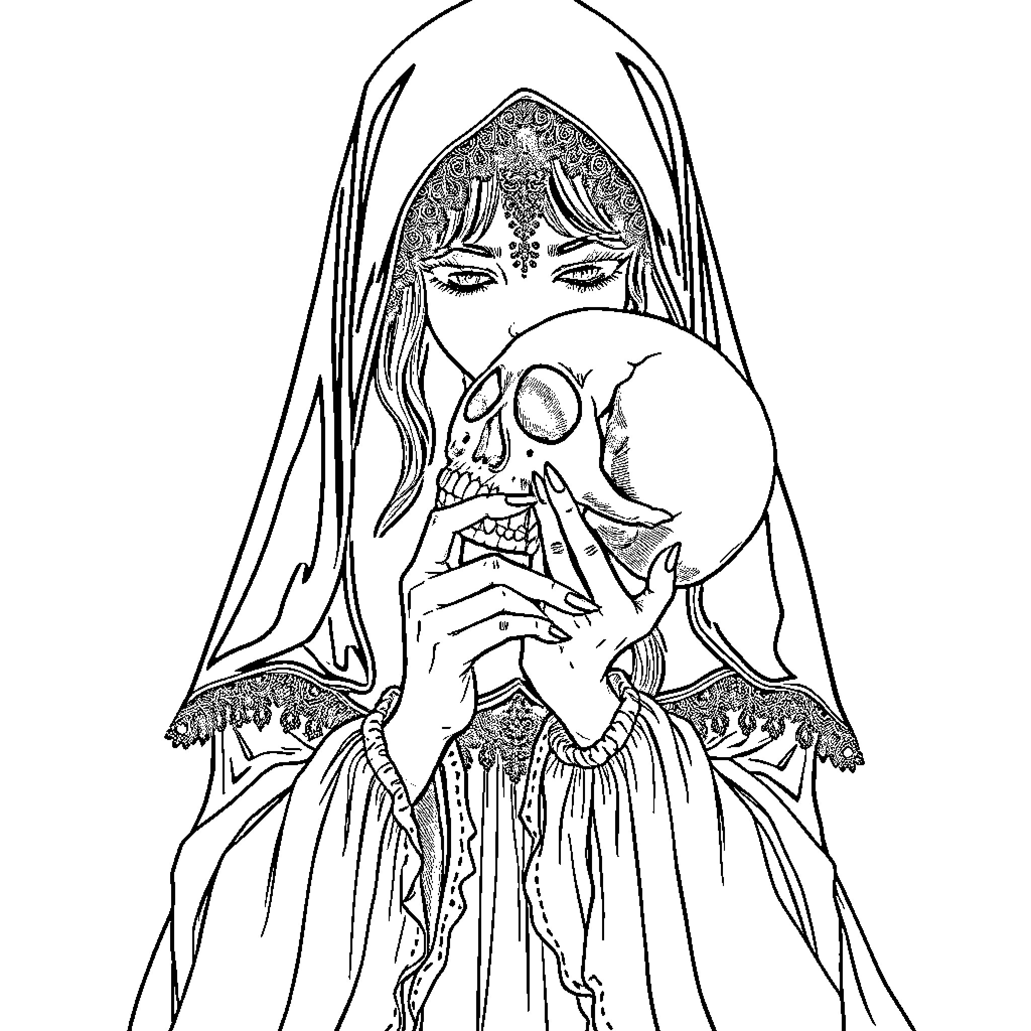 Lady with Mysterious Skull Coloring Page (free black-and-white line drawing printable PDF for all, from beginners to advanced learners, including children, teens, adults, and seniors)