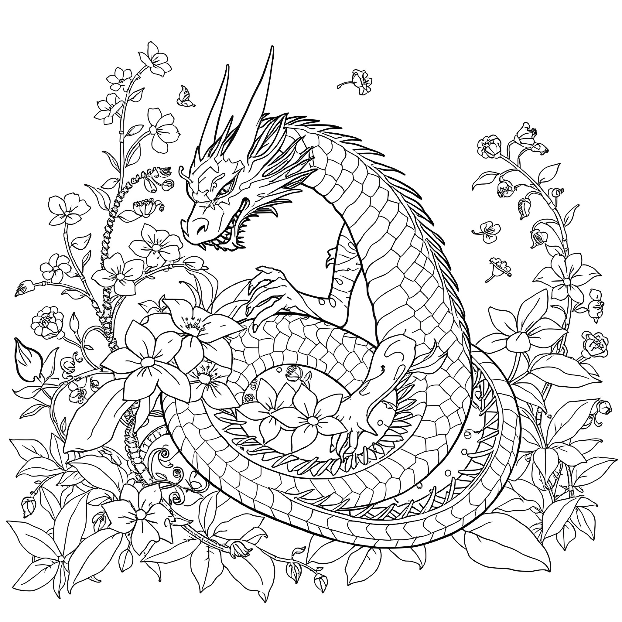 Dragon resting among vibrant floral surroundings Coloring Page (free black-and-white line drawing printable PDF for all, from beginners to advanced learners, including children, teens, adults, and seniors)