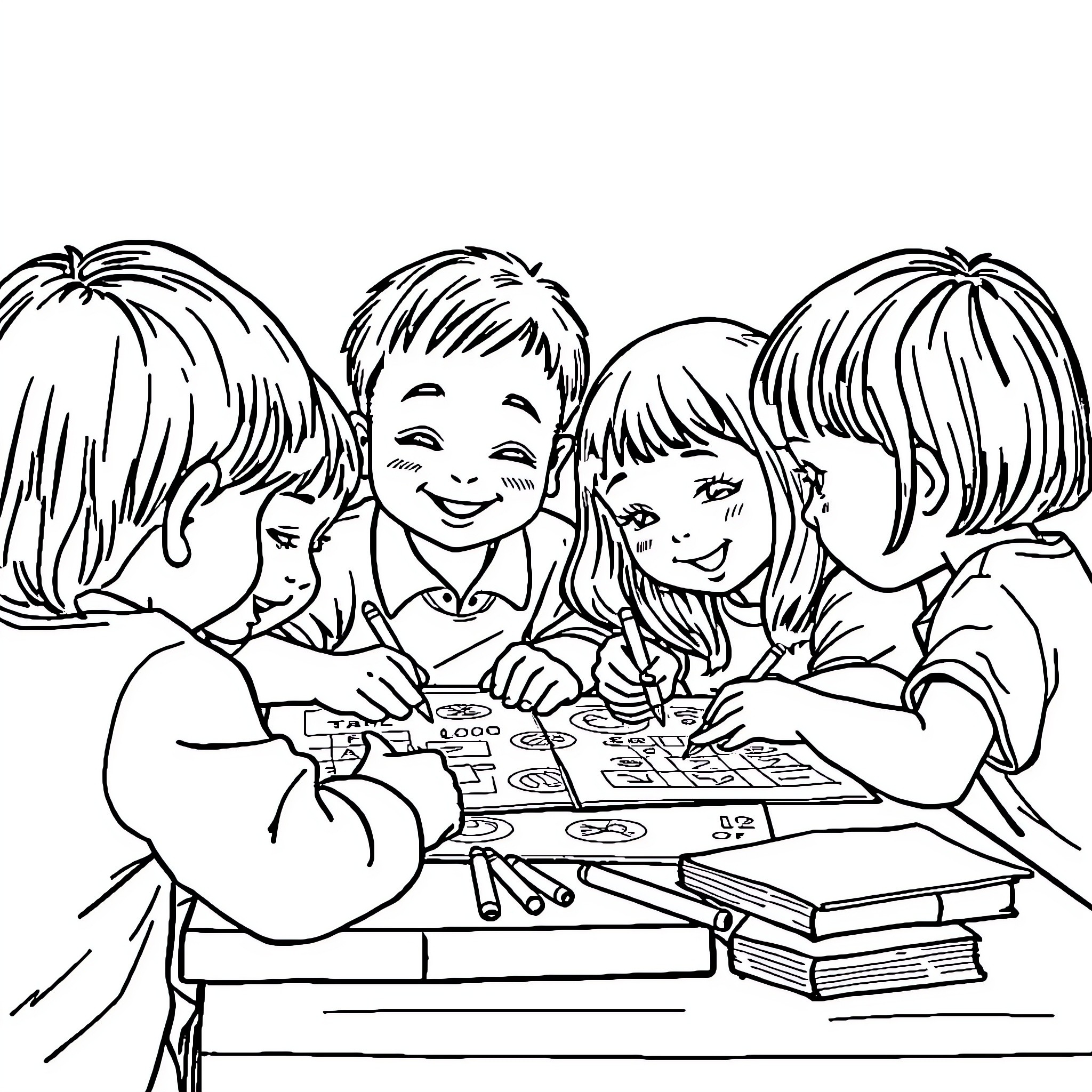 Child Joyfully Coloring with Friends Coloring Page (free black-and-white line drawing printable PDF for all, from beginners to advanced learners, including children, teens, adults, and seniors)