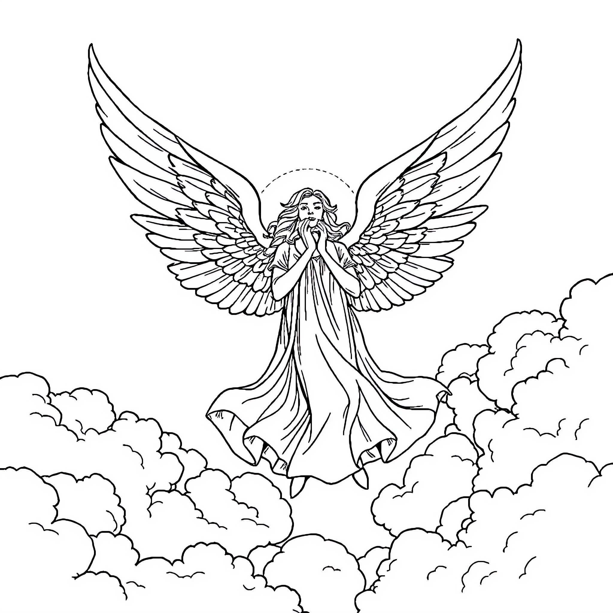 Angel of mercy descending from the heavens Coloring Page (free black-and-white line drawing printable PDF for all, from beginners to advanced learners, including children, teens, adults, and seniors)