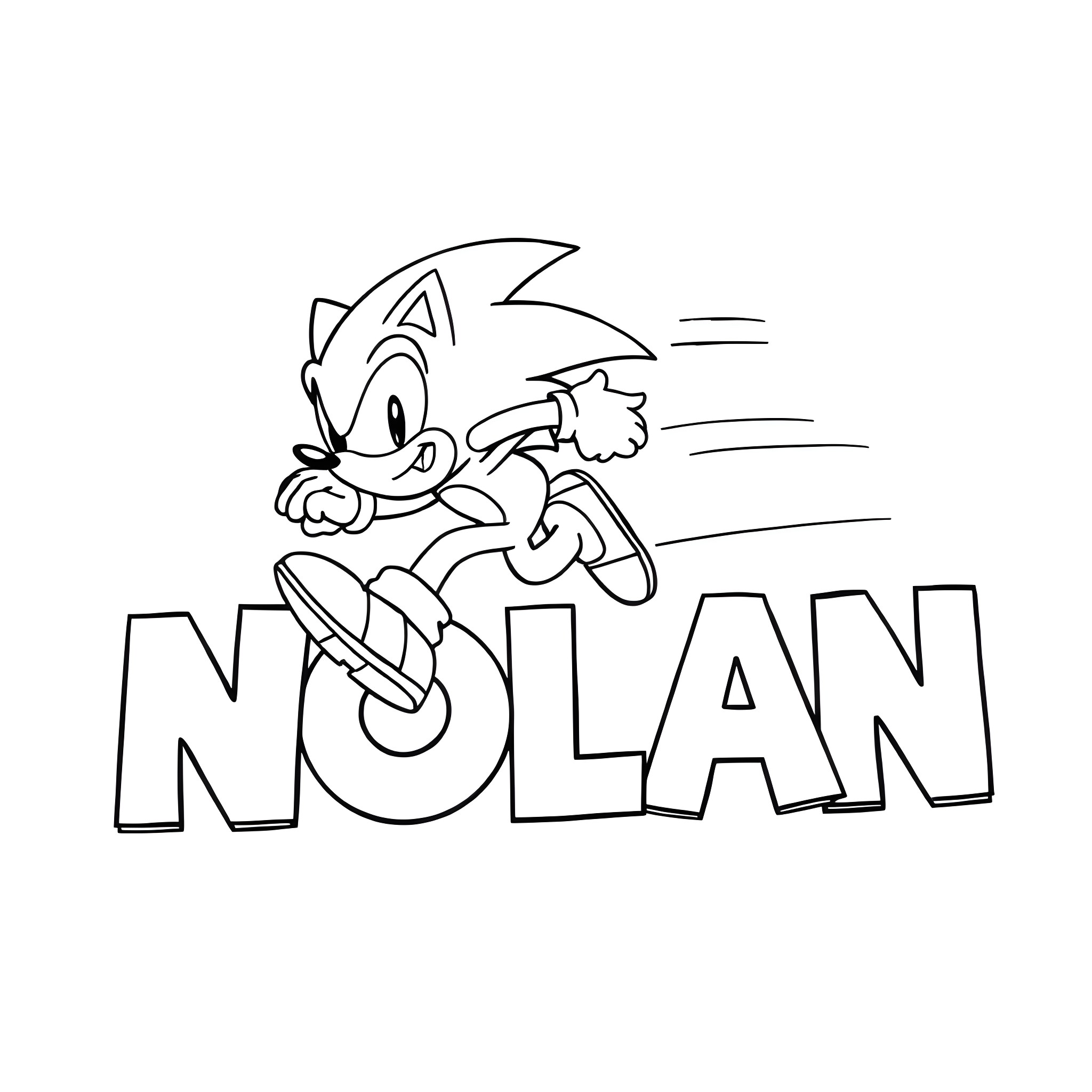 Sonic speedily running over the word Nolan Coloring Page (free black-and-white line drawing printable PDF for all, from beginners to advanced learners, including children, teens, adults, and seniors)
