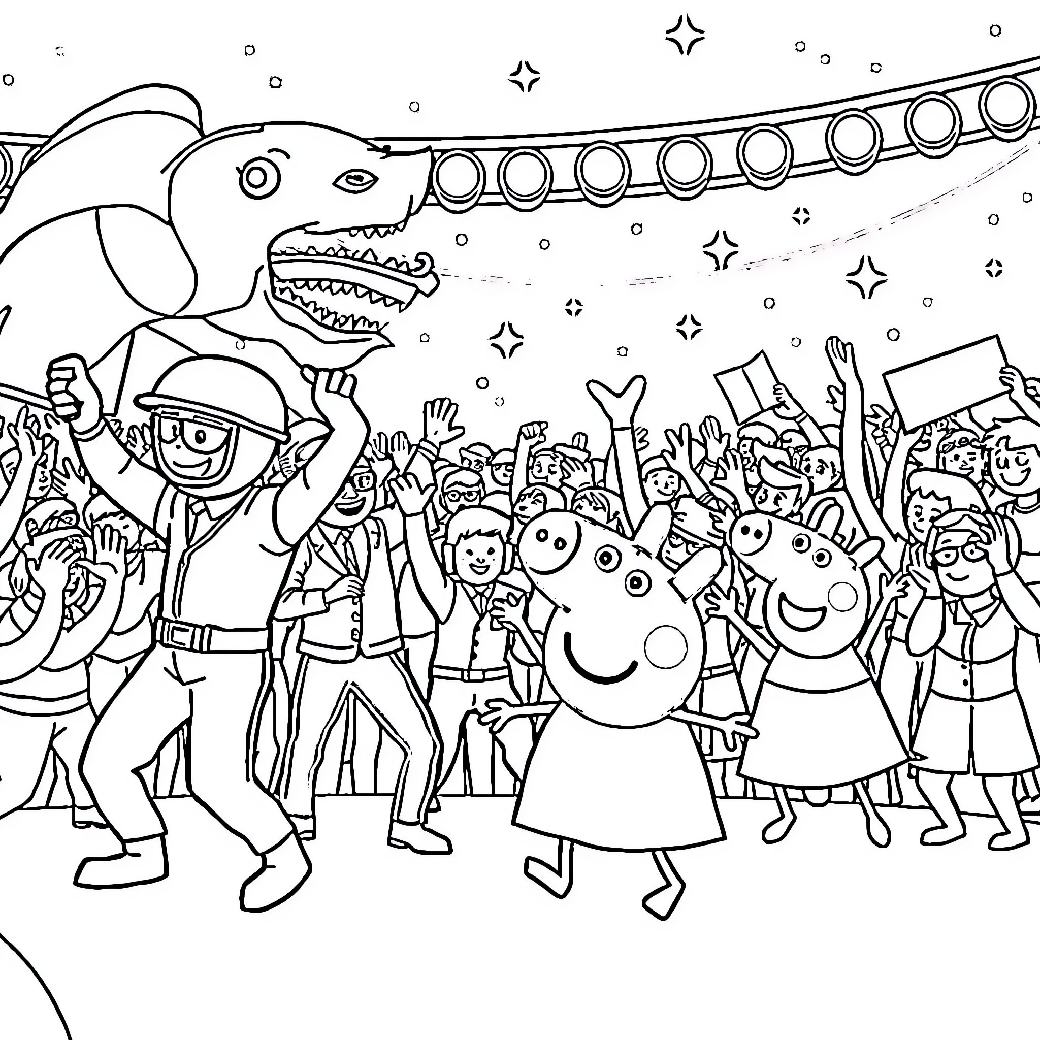 K Pop Dance Celebration with Vibrant Characters Coloring Page (free black-and-white line drawing printable PDF for all, from beginners to advanced learners, including children, teens, adults, and seniors)