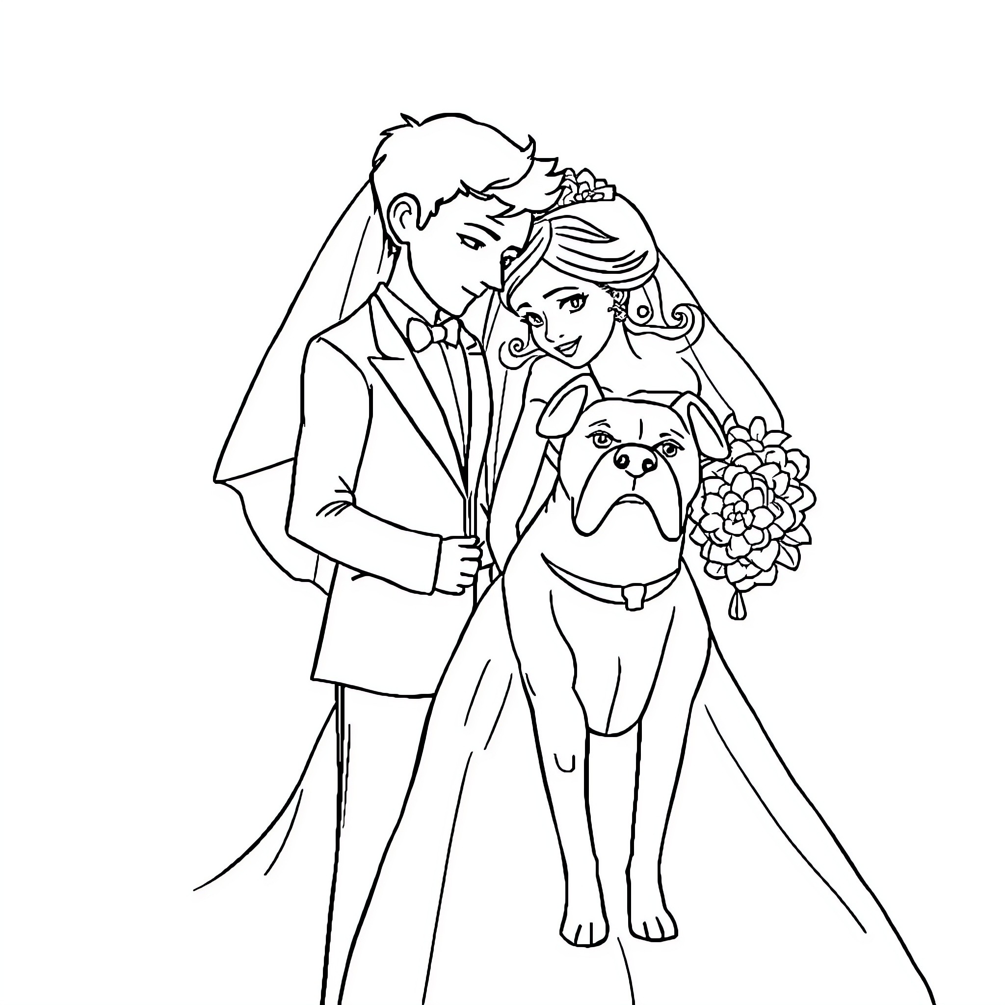 Pitbull couple get married with pet Coloring Page (free black-and-white line drawing printable PDF for all, from beginners to advanced learners, including children, teens, adults, and seniors)