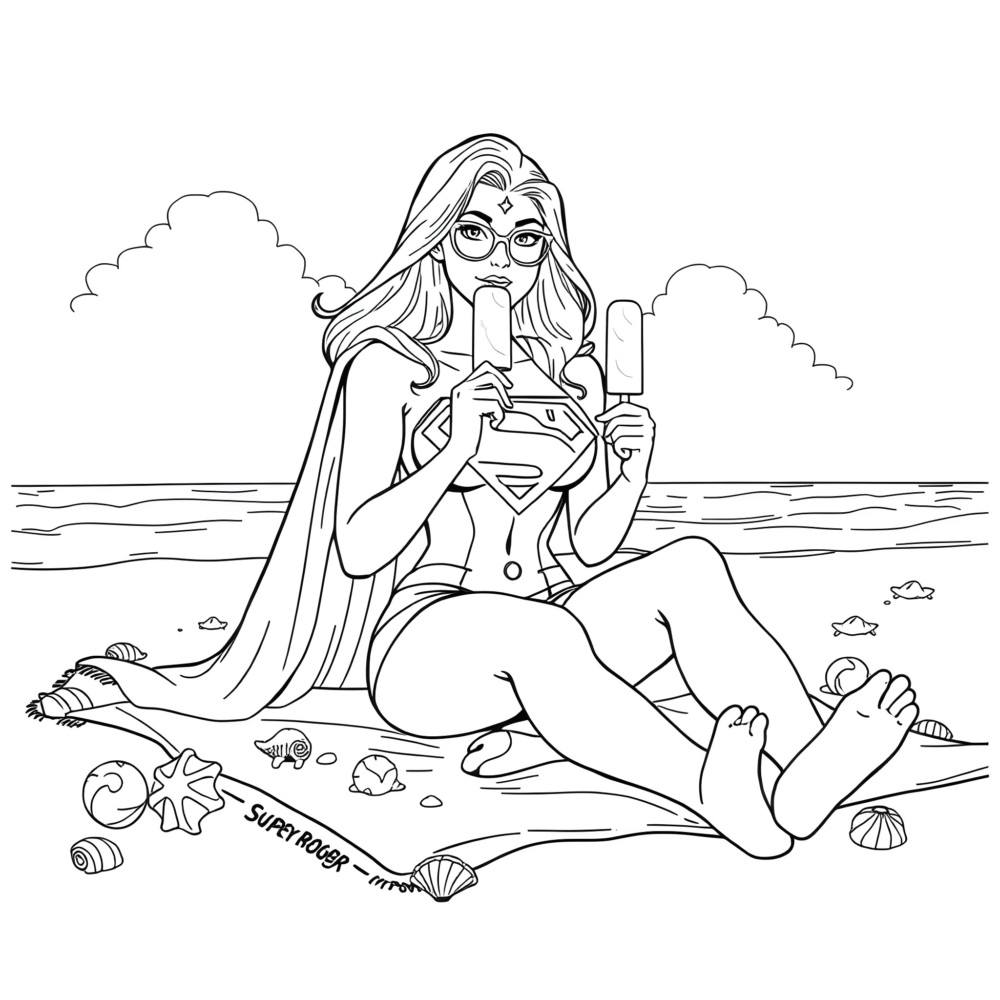 Supergirl relaxing on the beach Coloring Page (free black-and-white line drawing printable PDF for all, from beginners to advanced learners, including children, teens, adults, and seniors)