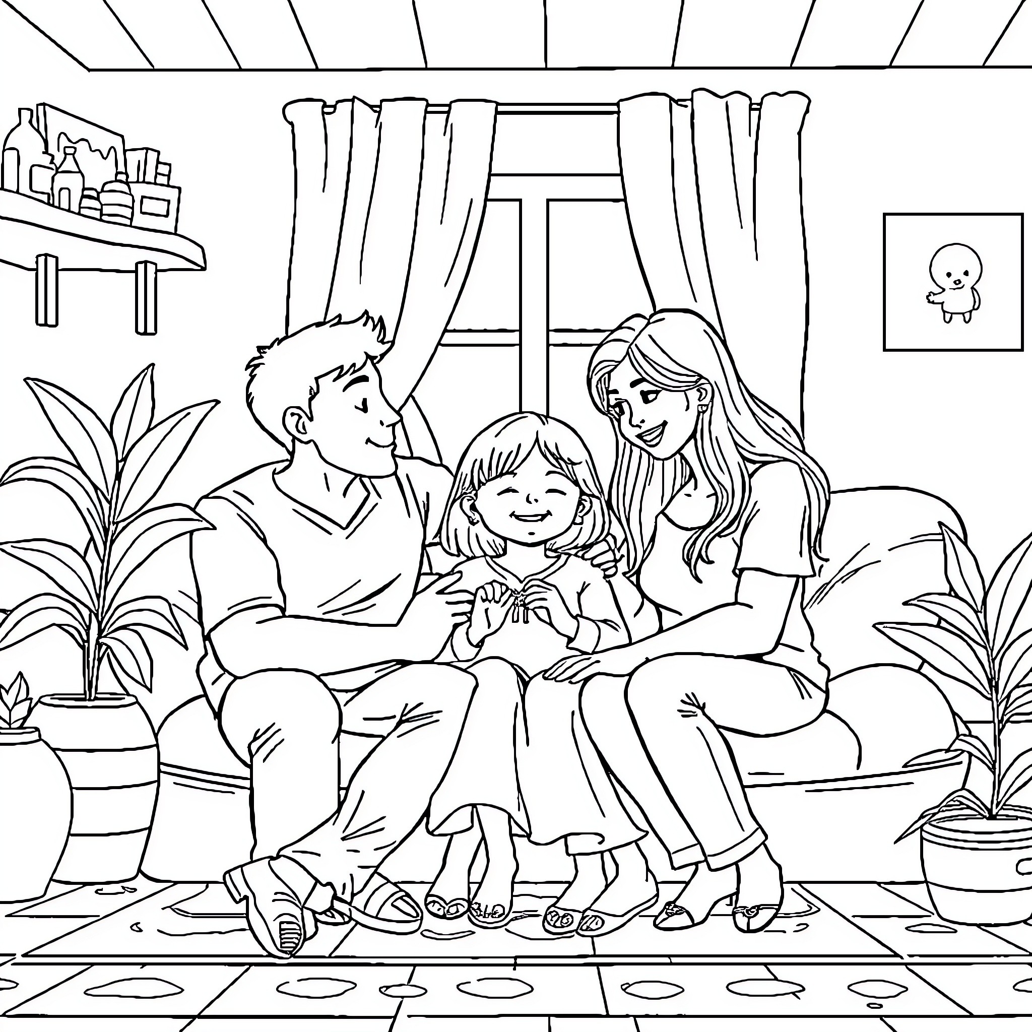 Family Enjoying a Cozy Moment Together Coloring Page (free black-and-white line drawing printable PDF for all, from beginners to advanced learners, including children, teens, adults, and seniors)