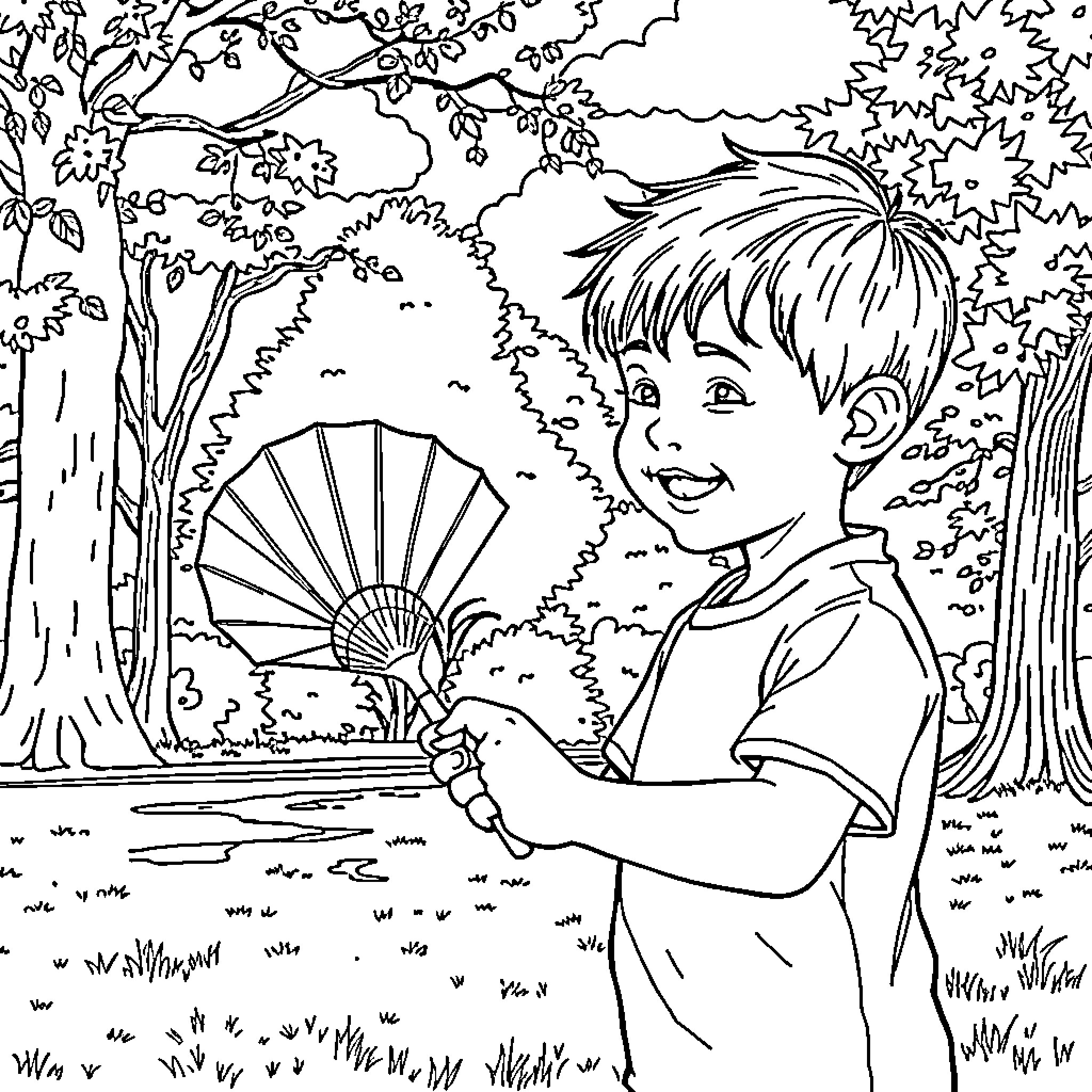 Boy playing with fan in the forest Coloring Page (free black-and-white line drawing printable PDF for all, from beginners to advanced learners, including children, teens, adults, and seniors)