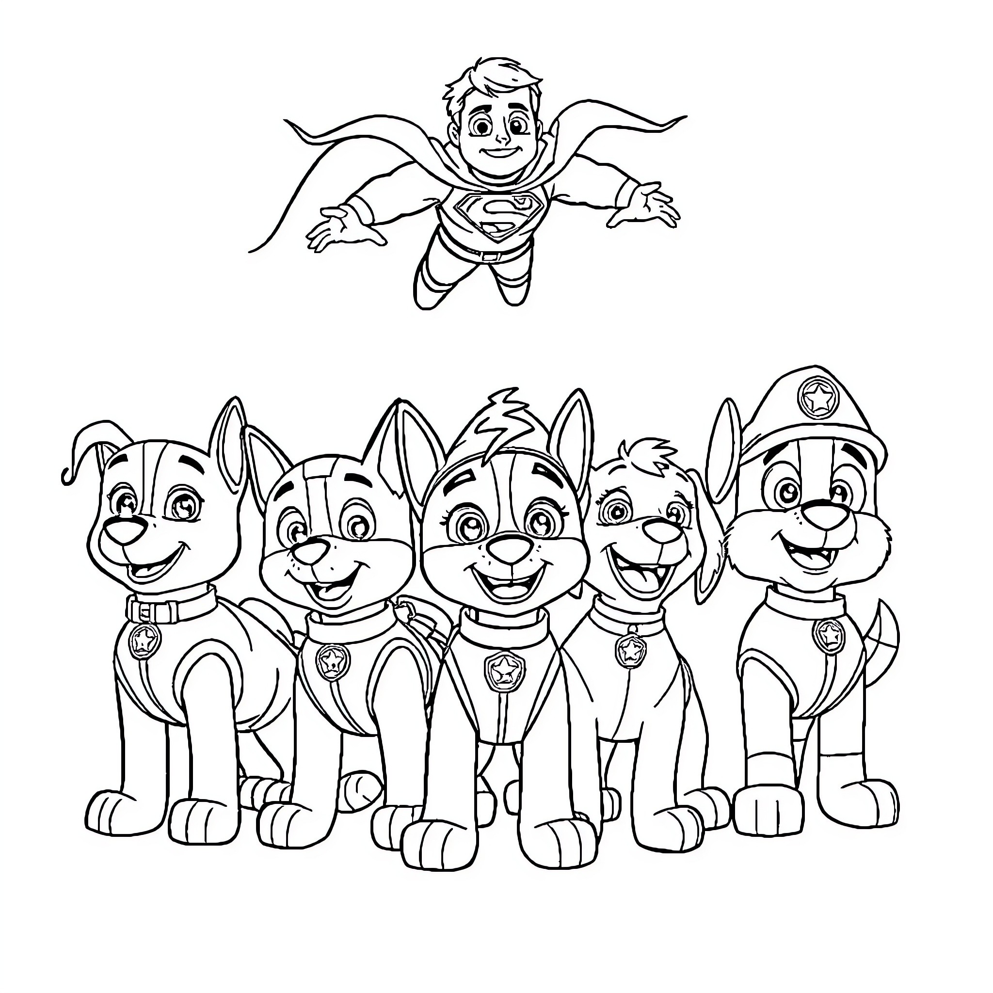 Hero characters soaring and playing together Coloring Page (free black-and-white line drawing printable PDF for all, from beginners to advanced learners, including children, teens, adults, and seniors)