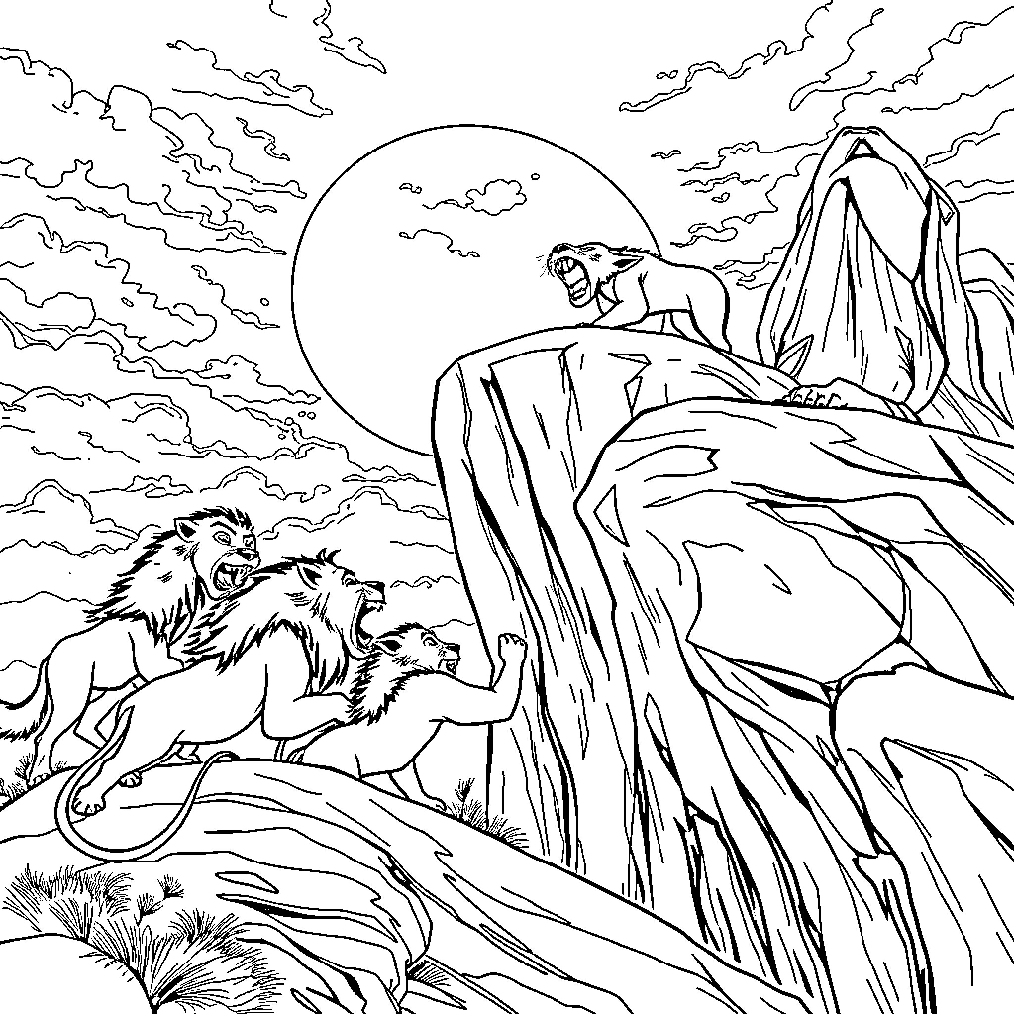 Hyena pack roaming in the moonlit wilderness Coloring Page (free black-and-white line drawing printable PDF for all, from beginners to advanced learners, including children, teens, adults, and seniors)