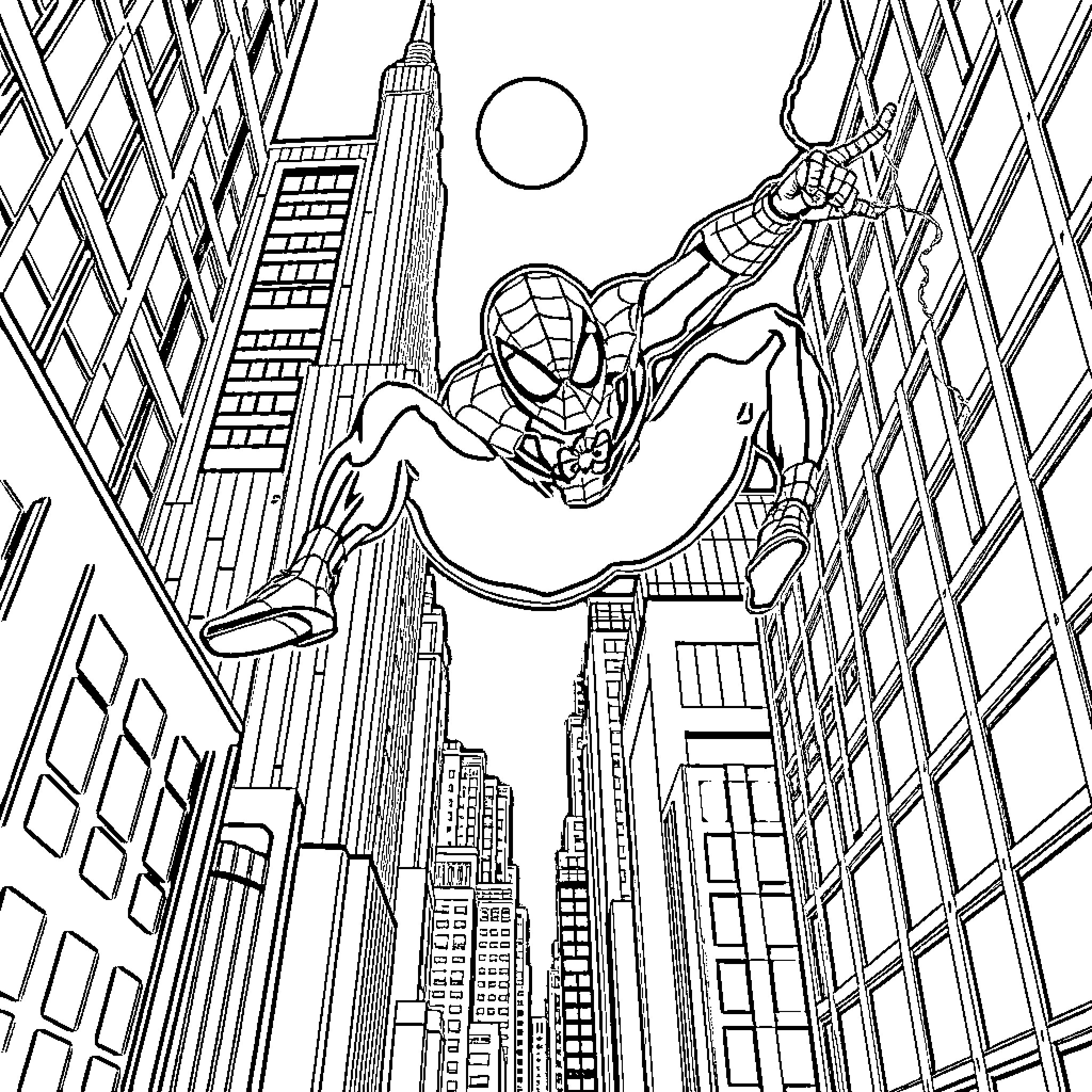 Spider-Man swinging through the city skyline Coloring Page (free black-and-white line drawing printable PDF for all, from beginners to advanced learners, including children, teens, adults, and seniors)