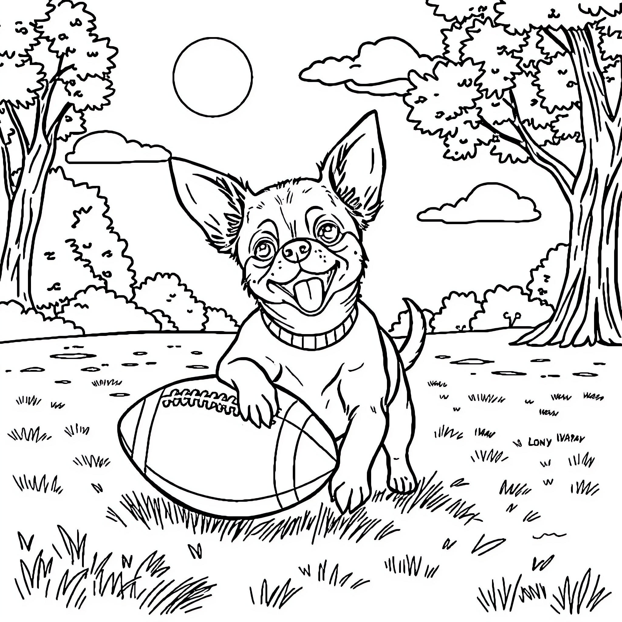 Chihuahua playing with football in the park Coloring Page (free black-and-white line drawing printable PDF for all, from beginners to advanced learners, including children, teens, adults, and seniors)