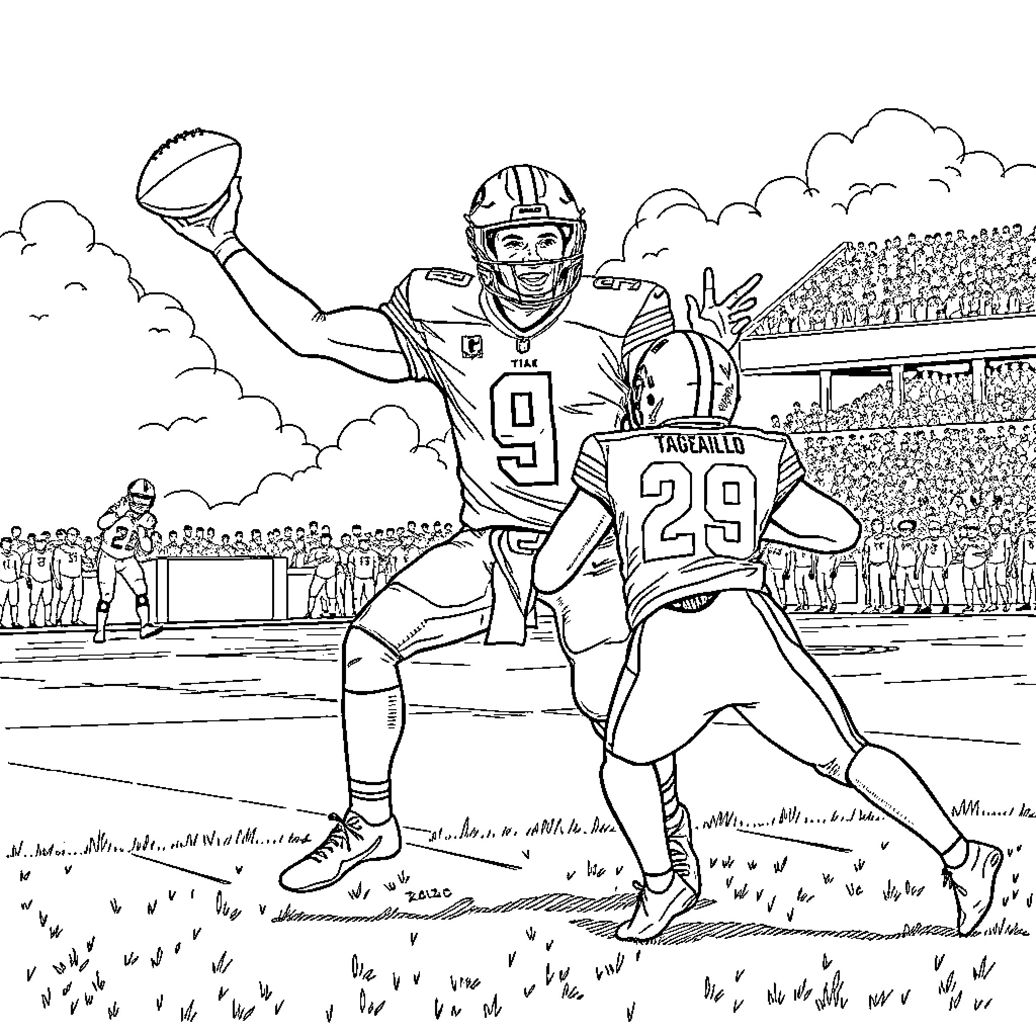 Tua Tagovailoa Celebrating Touchdown in Football Stadium Coloring Page (free black-and-white line drawing printable PDF for all, from beginners to advanced learners, including children, teens, adults, and seniors)