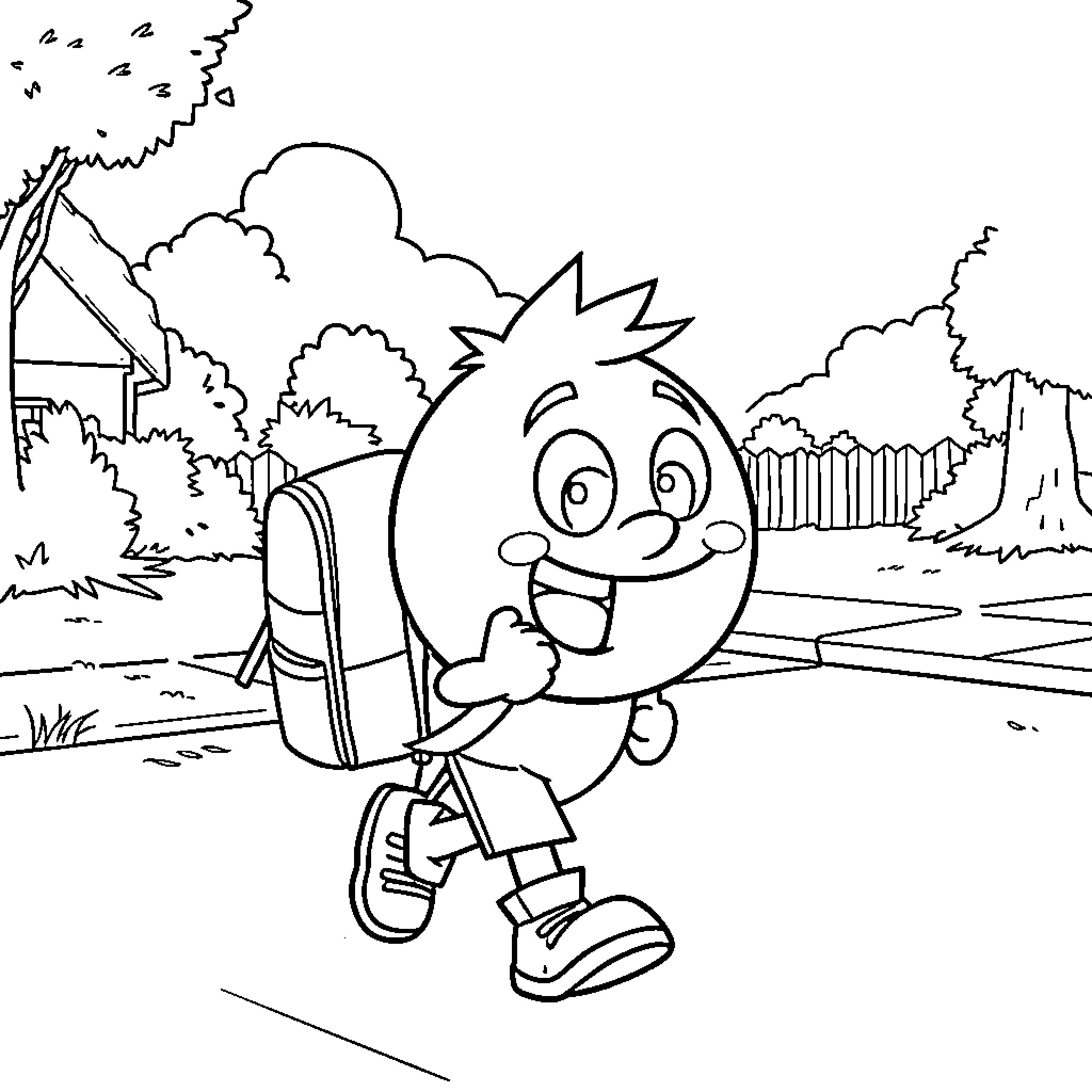 Gumball character walking happily on the road Coloring Page (free black-and-white line drawing printable PDF for all, from beginners to advanced learners, including children, teens, adults, and seniors)
