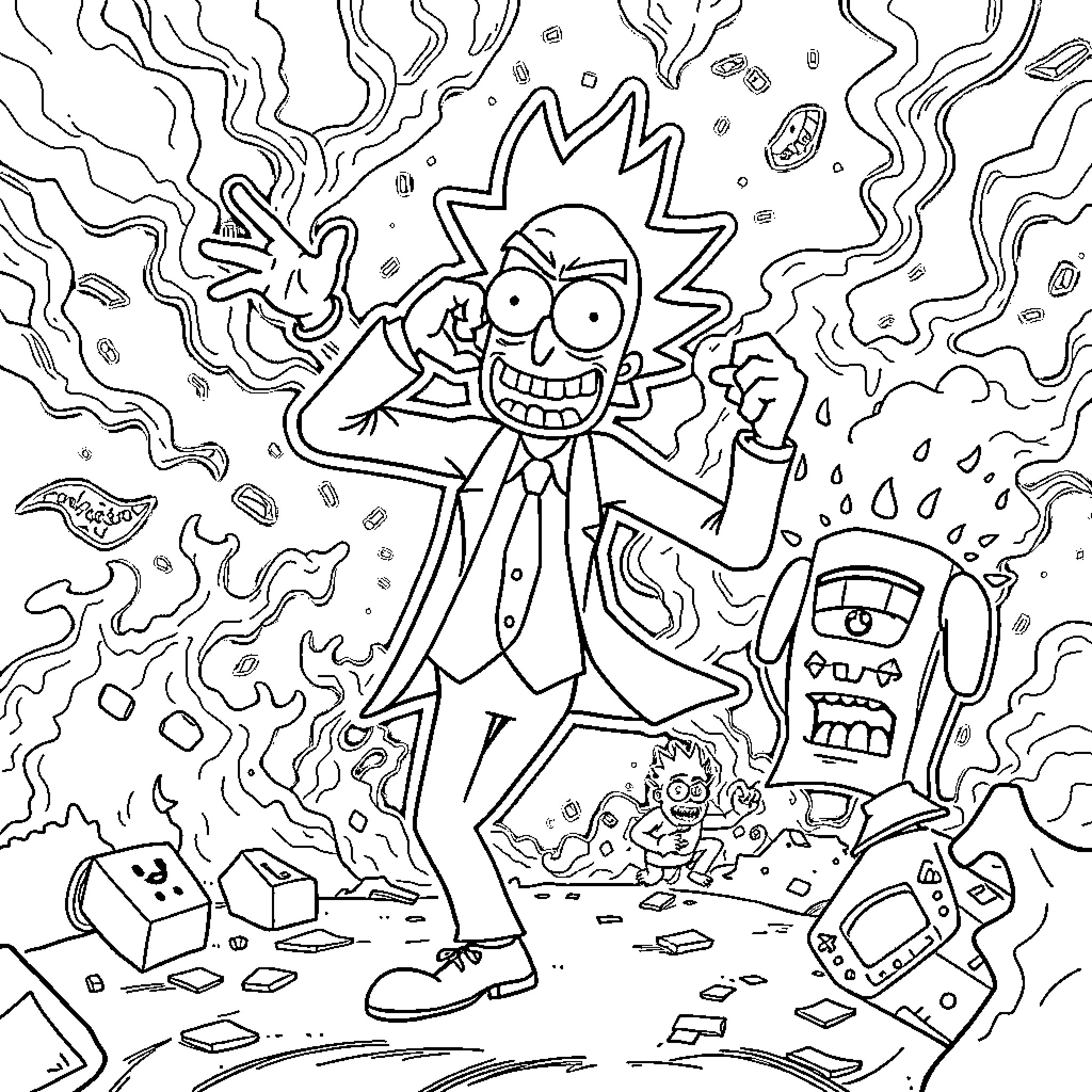 Morty's Chaotic Escapade Coloring Page (free black-and-white line drawing printable PDF for all, from beginners to advanced learners, including children, teens, adults, and seniors)