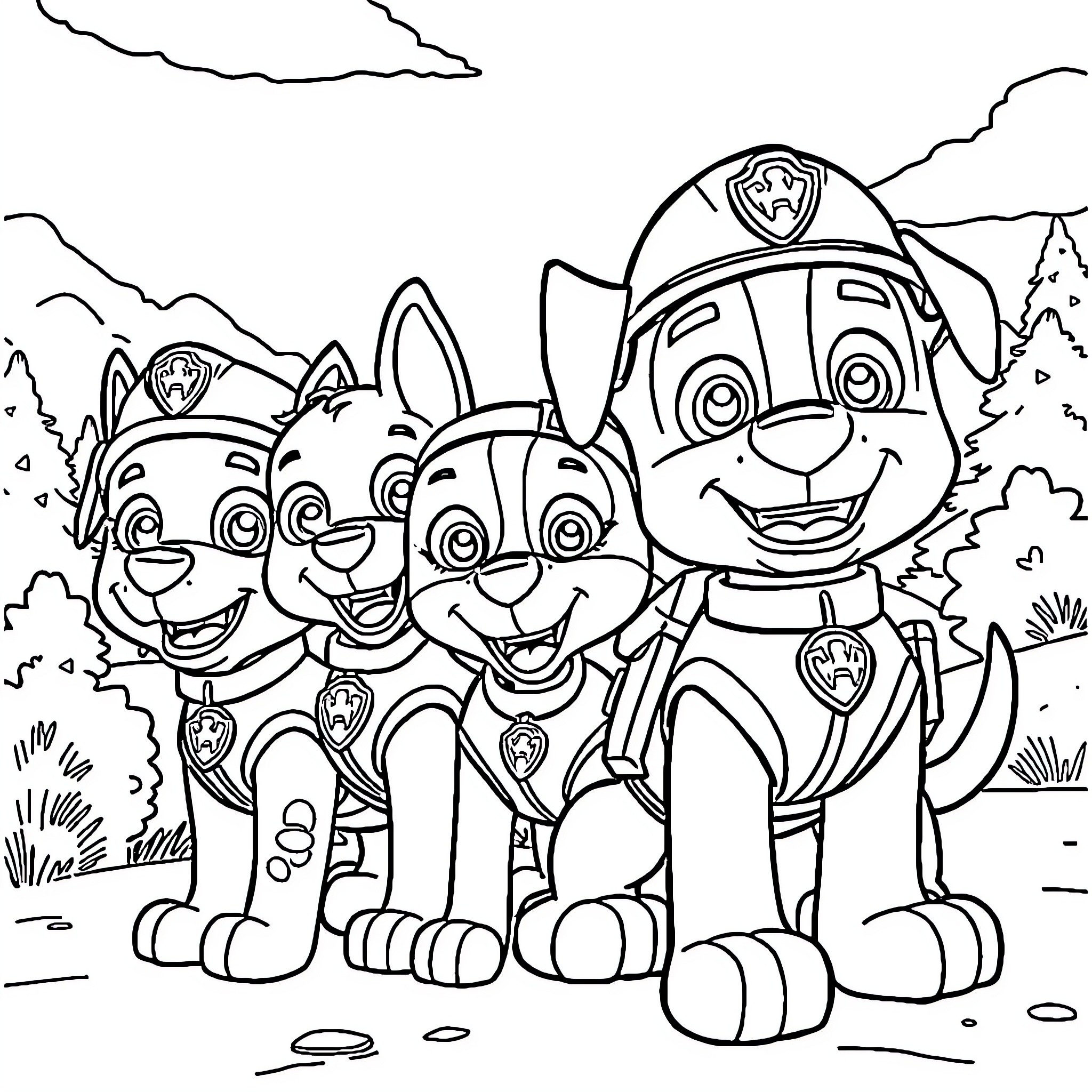 Paw Patrol characters in the outdoors Coloring Page (free black-and-white line drawing printable PDF for all, from beginners to advanced learners, including children, teens, adults, and seniors)