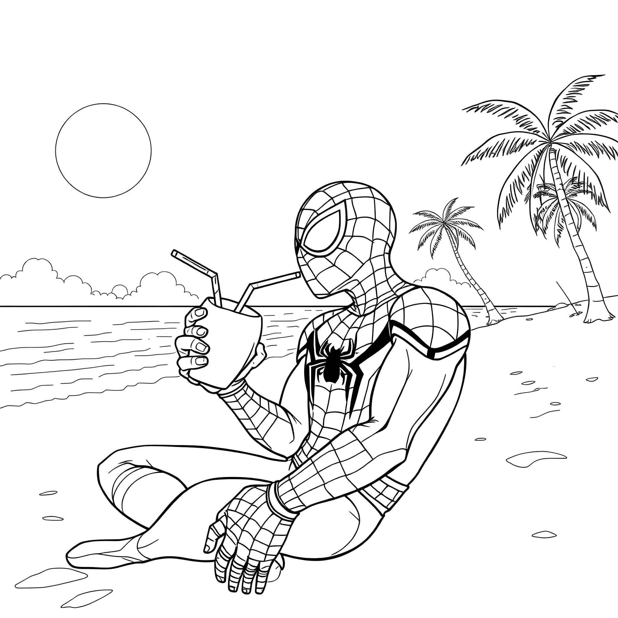 Spider-Man enjoying a tropical beach vacation Coloring Page (free black-and-white line drawing printable PDF for all, from beginners to advanced learners, including children, teens, adults, and seniors)