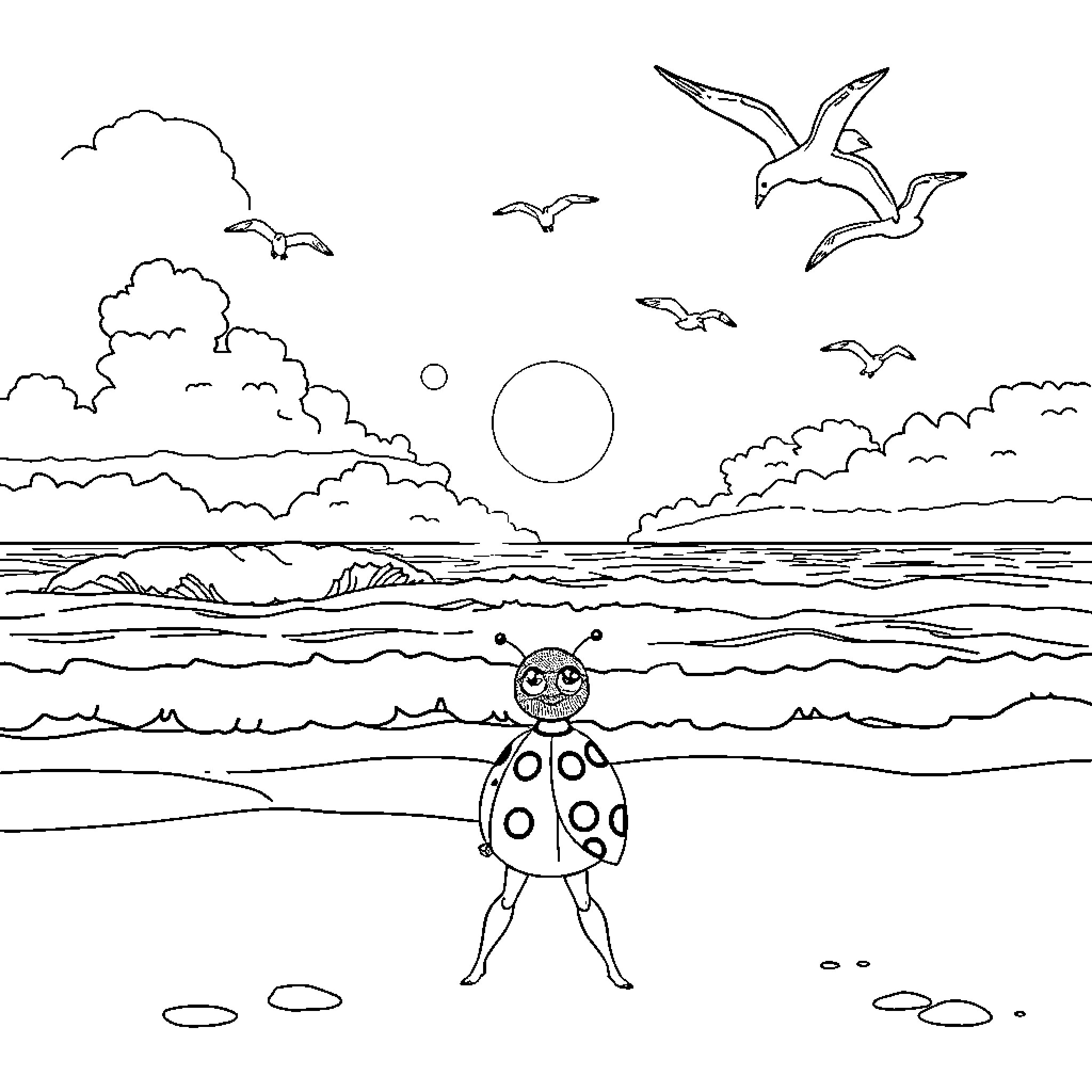 Ladybug exploring the serene beach scene Coloring Page (free black-and-white line drawing printable PDF for all, from beginners to advanced learners, including children, teens, adults, and seniors)