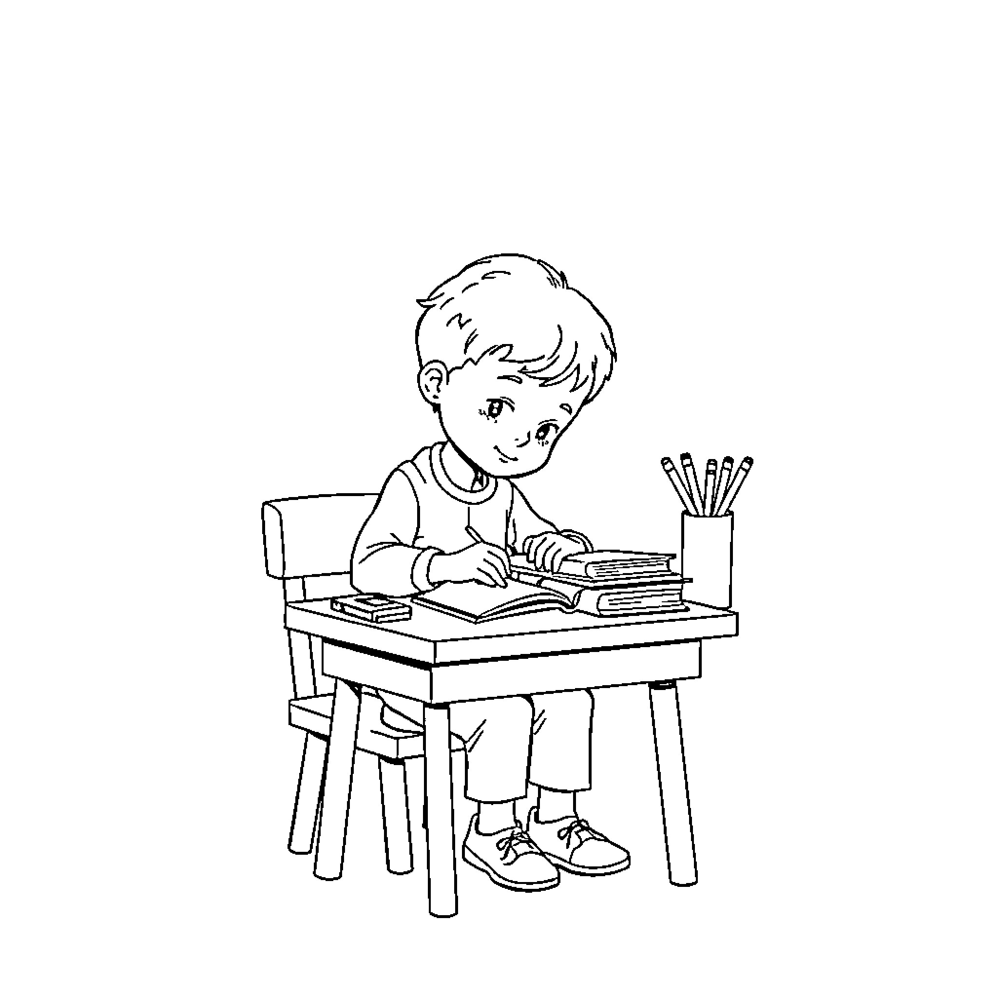 Child diligently studying at desk Coloring Page (free black-and-white line drawing printable PDF for all, from beginners to advanced learners, including children, teens, adults, and seniors)