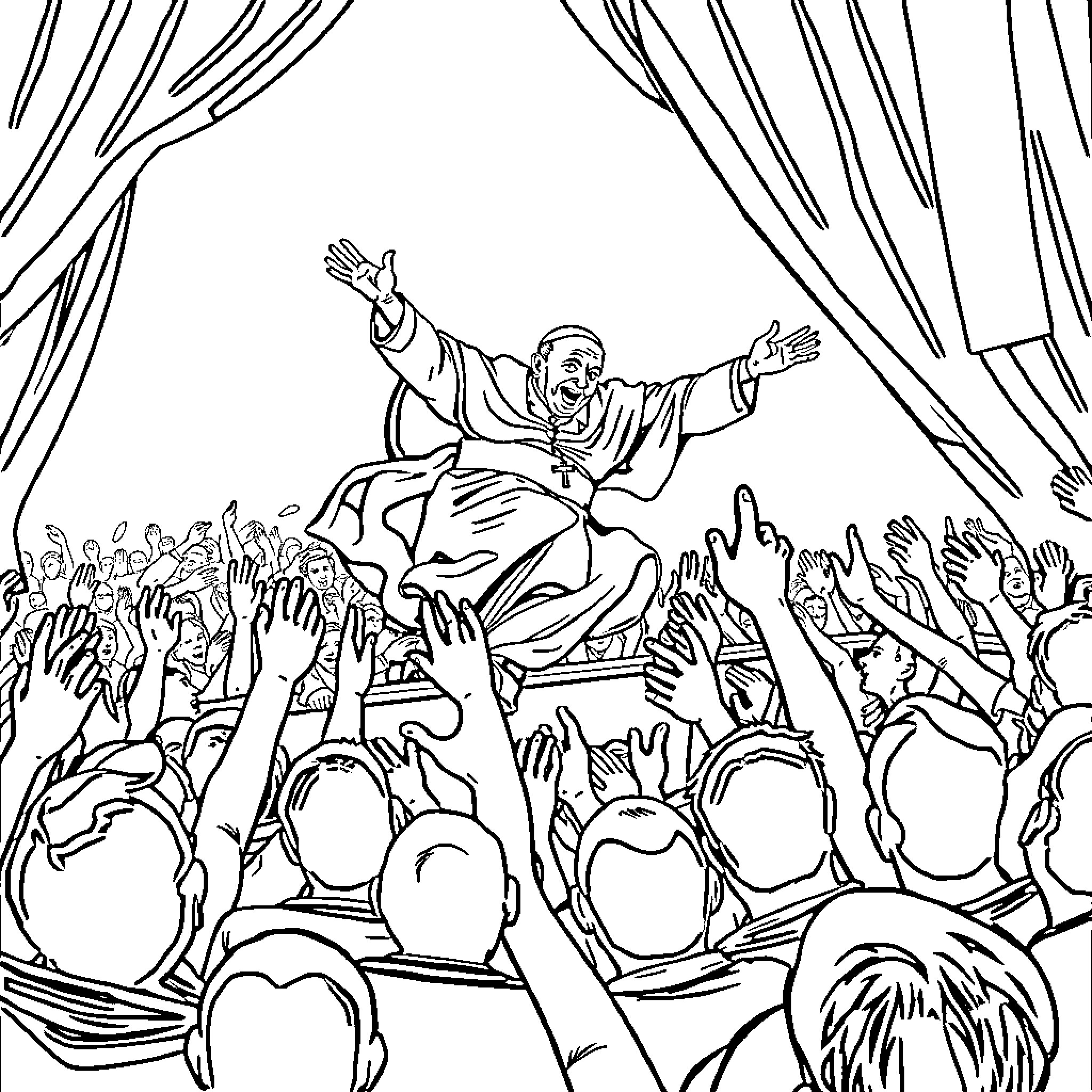 Pope Addressing a Crowd with Enthusiasm Coloring Page (free black-and-white line drawing printable PDF for all, from beginners to advanced learners, including children, teens, adults, and seniors)