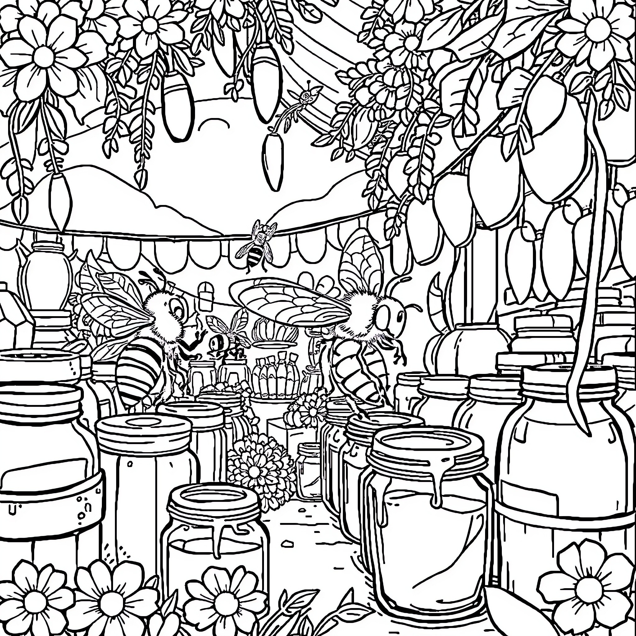 Bee exploring a vibrant floral market Coloring Page (free black-and-white line drawing printable PDF for all, from beginners to advanced learners, including children, teens, adults, and seniors)